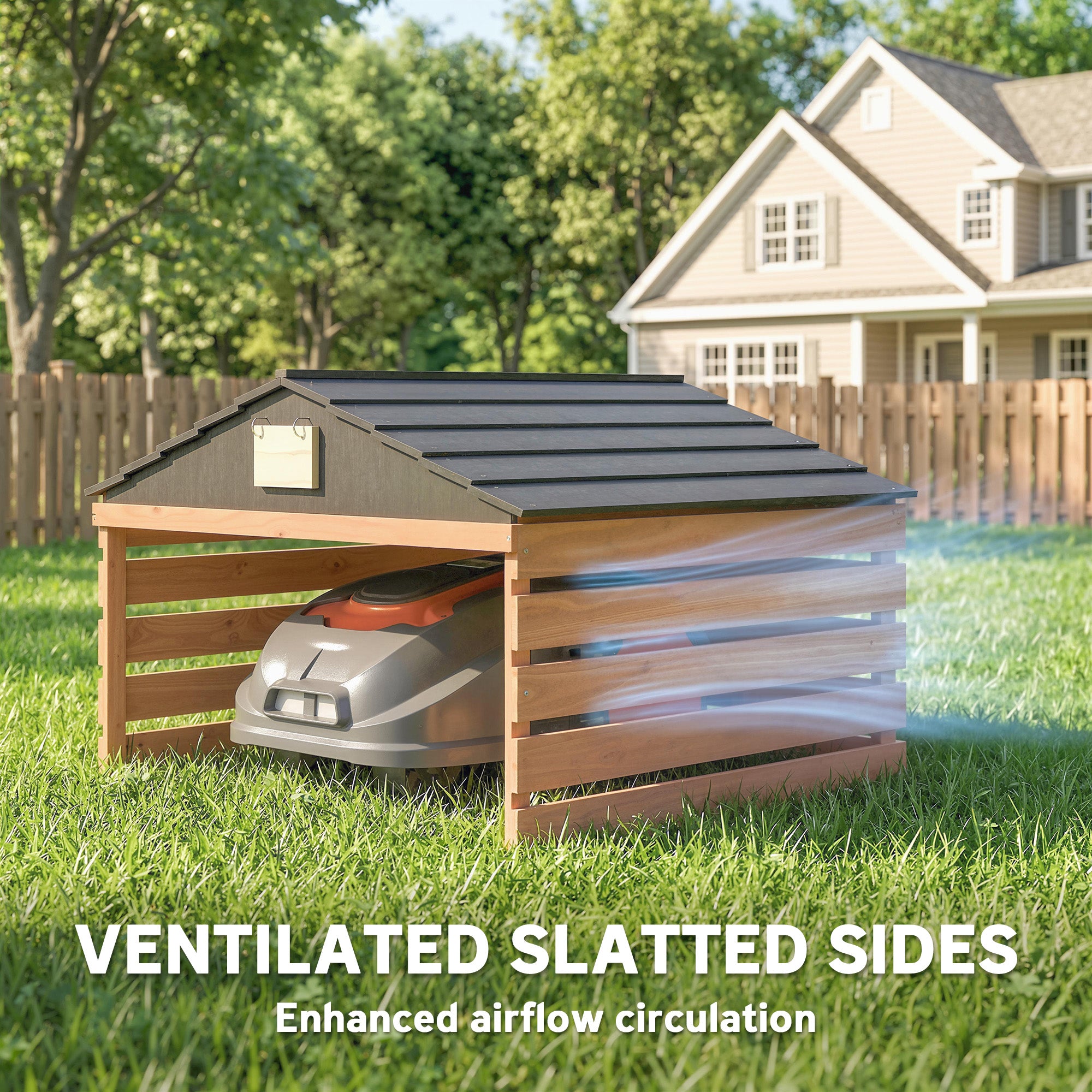 Wooden Robot Mower Garage with Gable Roof — Weatherproof Spruce Shelter for Robotic Lawn Mowers, 79 x 74 x 54 cm (31.1 x 29.1 x 21.3 in), Red-Brown