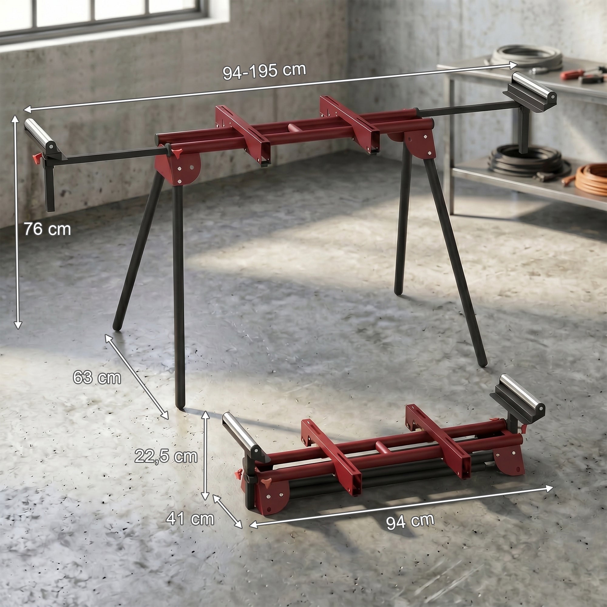 2-Pack Folding Adjustable Saw Horse – Metal Work Stand with Extendable Roller Supports, Height Adjustable, Supports up to 331 lb, Red