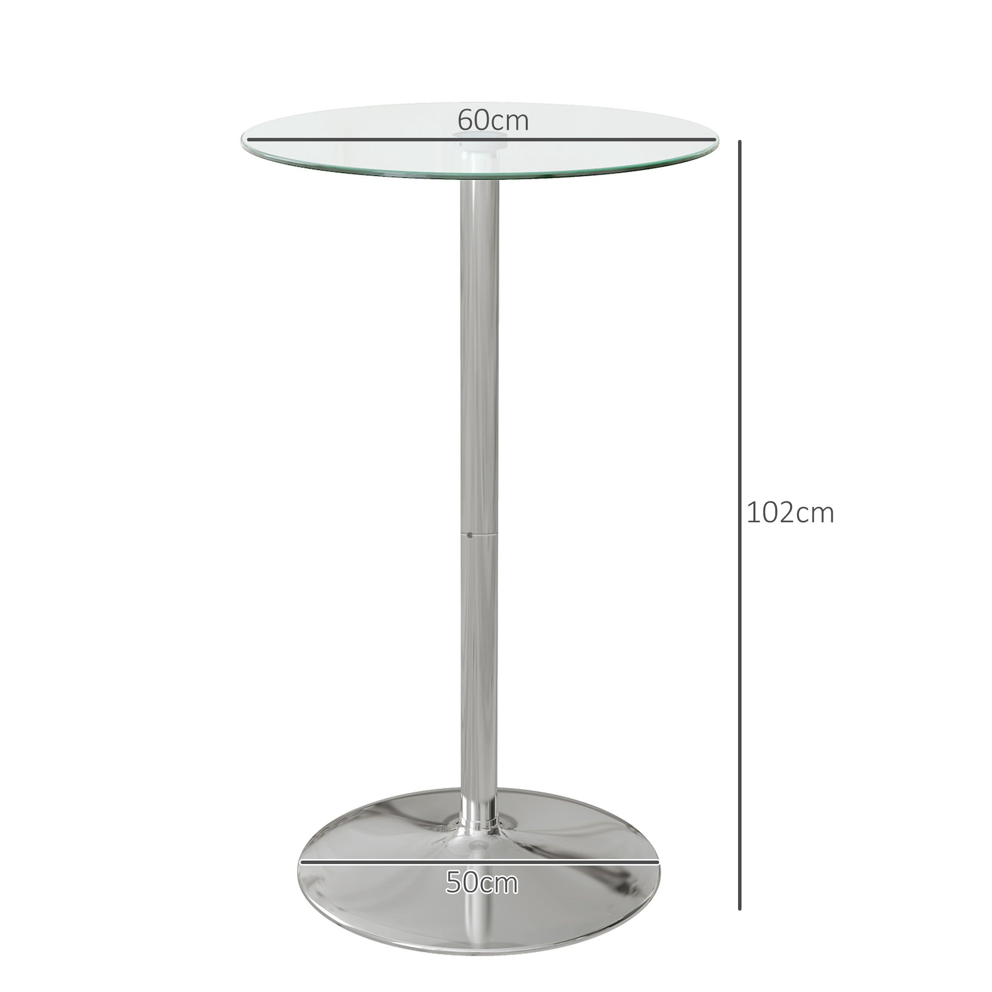 Bar Table Bistro Table Dining Table for 2 People with Tempered Glass Table Top, Kitchen Table for Kitchen, Dining Room, Steel, Transparent, Ø60 x 102 cm