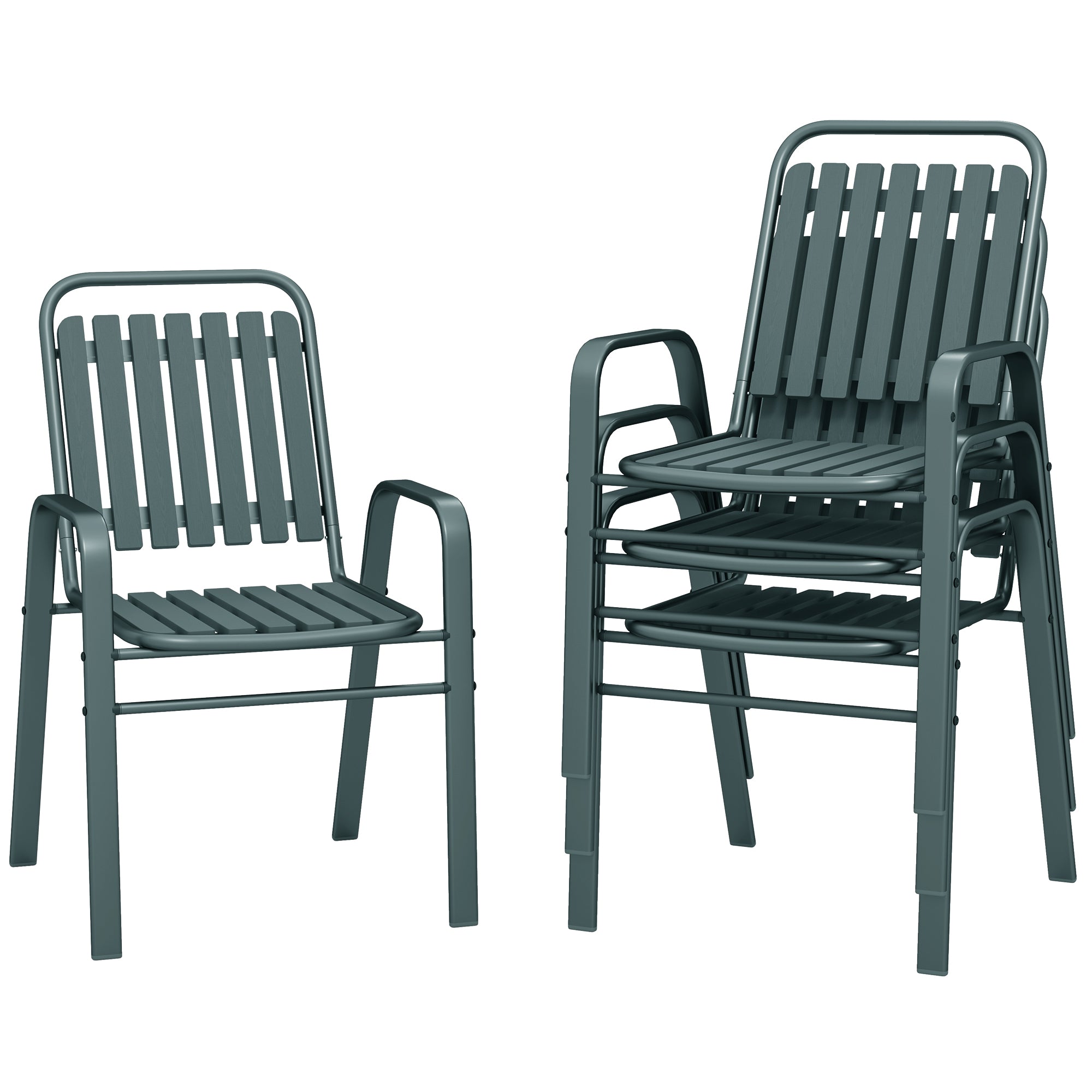 Set of 4 Outdoor Stackable Garden Chairs with High Backrest and Armrests, Steel Frame for Garden, Pool, Terrace, Gray