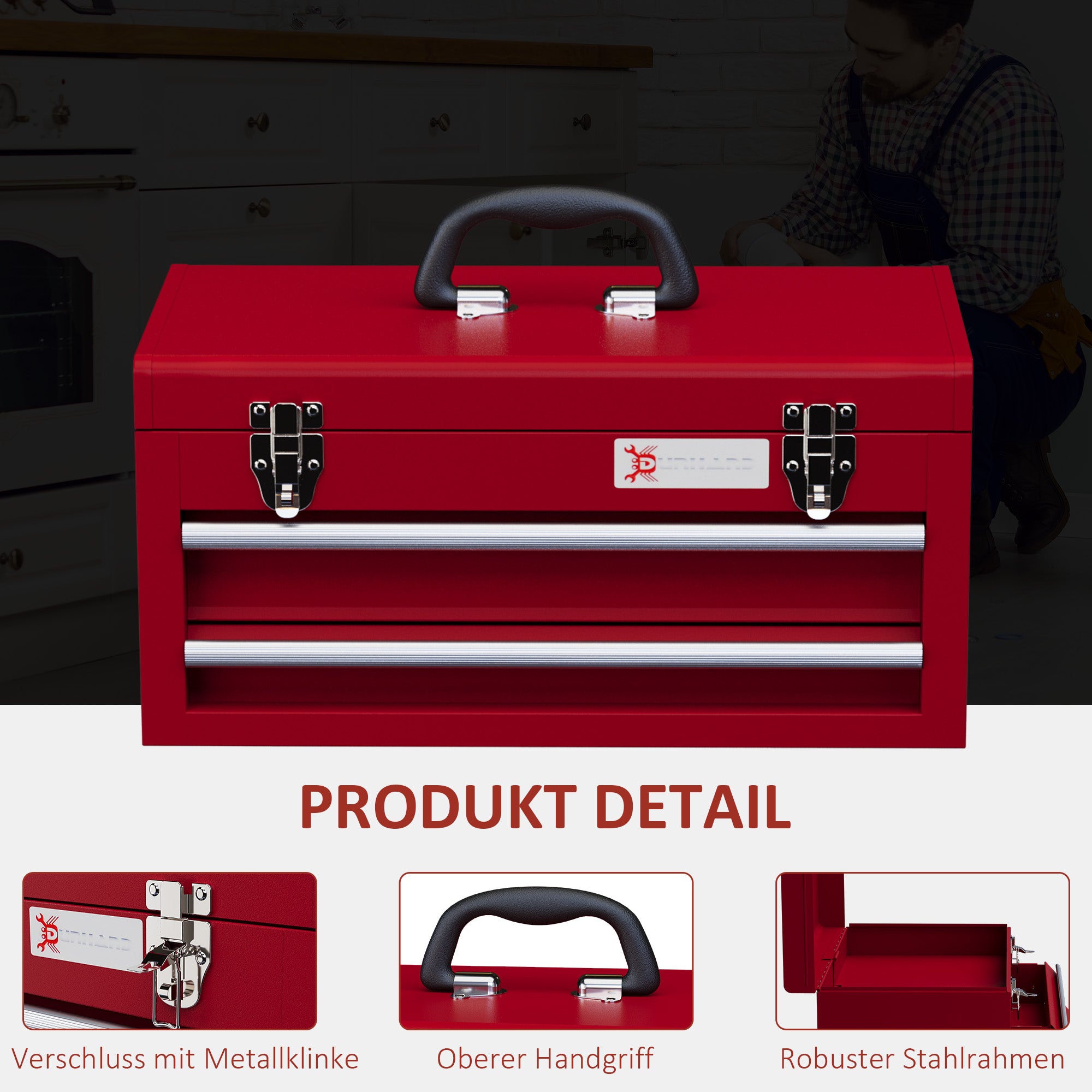 Empty Tool Case, 46 x 24 x 22 cm Tool Box with 2 Drawers, Upper Storage Compartment, Handle, Tool Chest with 2 Locks, Made of Steel, Red