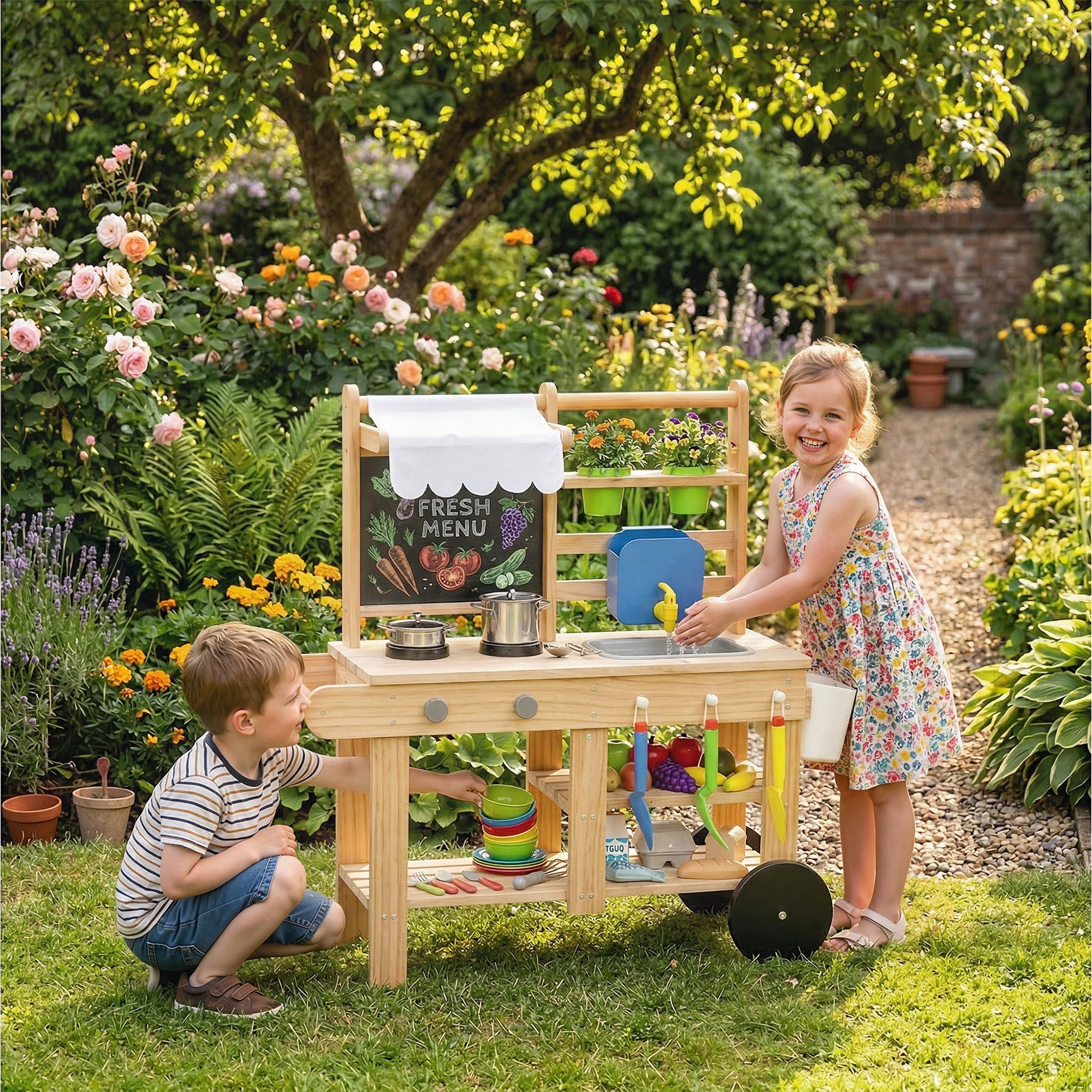 Outdoor Mud Kitchen for Kids — Wooden Play Kitchen with Real Faucet, Sink, Stove, Storage Shelf & Water Tank, Natural Wood — Ages 3+