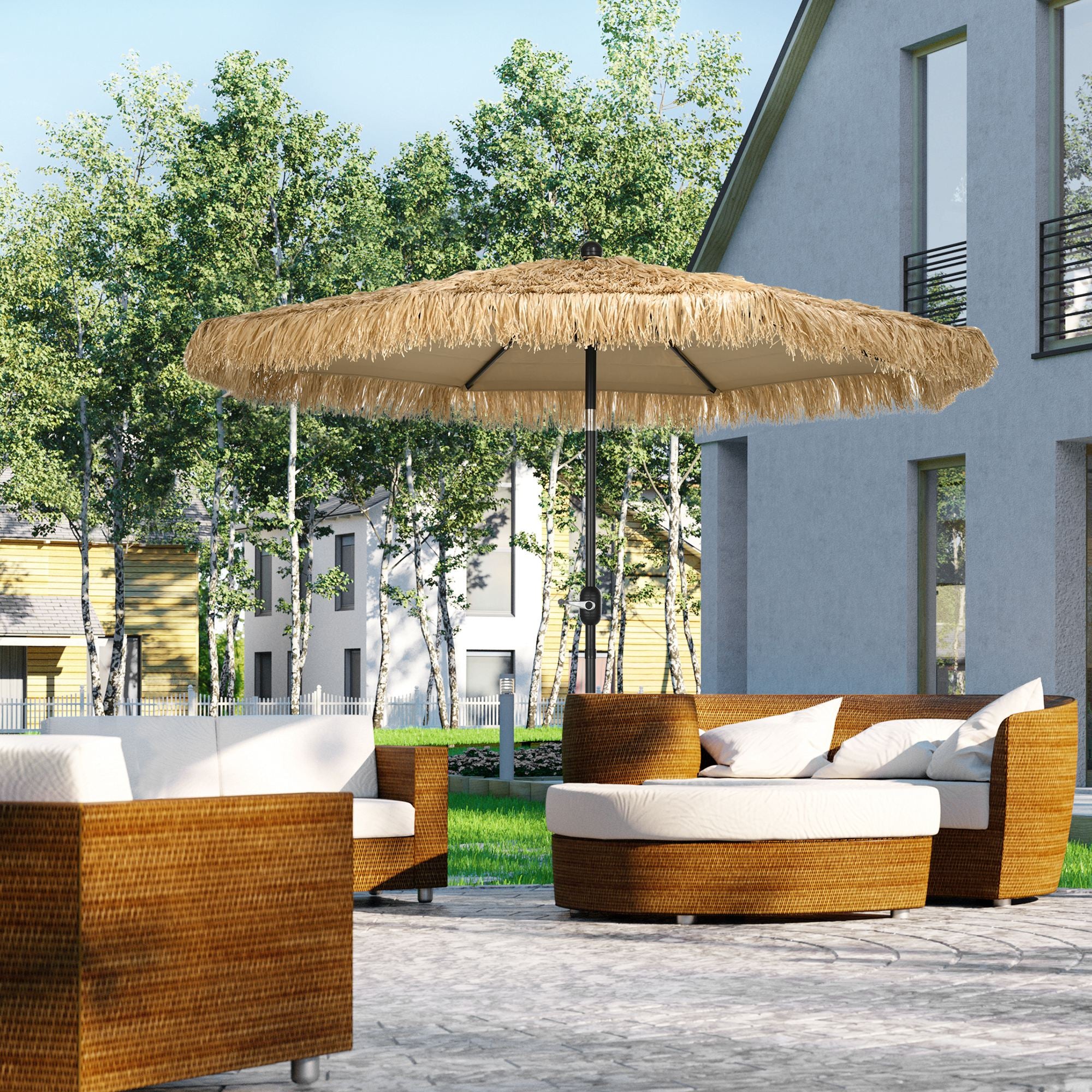2.6x2.6m Tilting Garden Umbrella with Crank, Reclinable, Round Hawaiian Umbrella with 8 Ribs, in Aluminum and Polyester, for Yard Balcony Terrace, Khaki