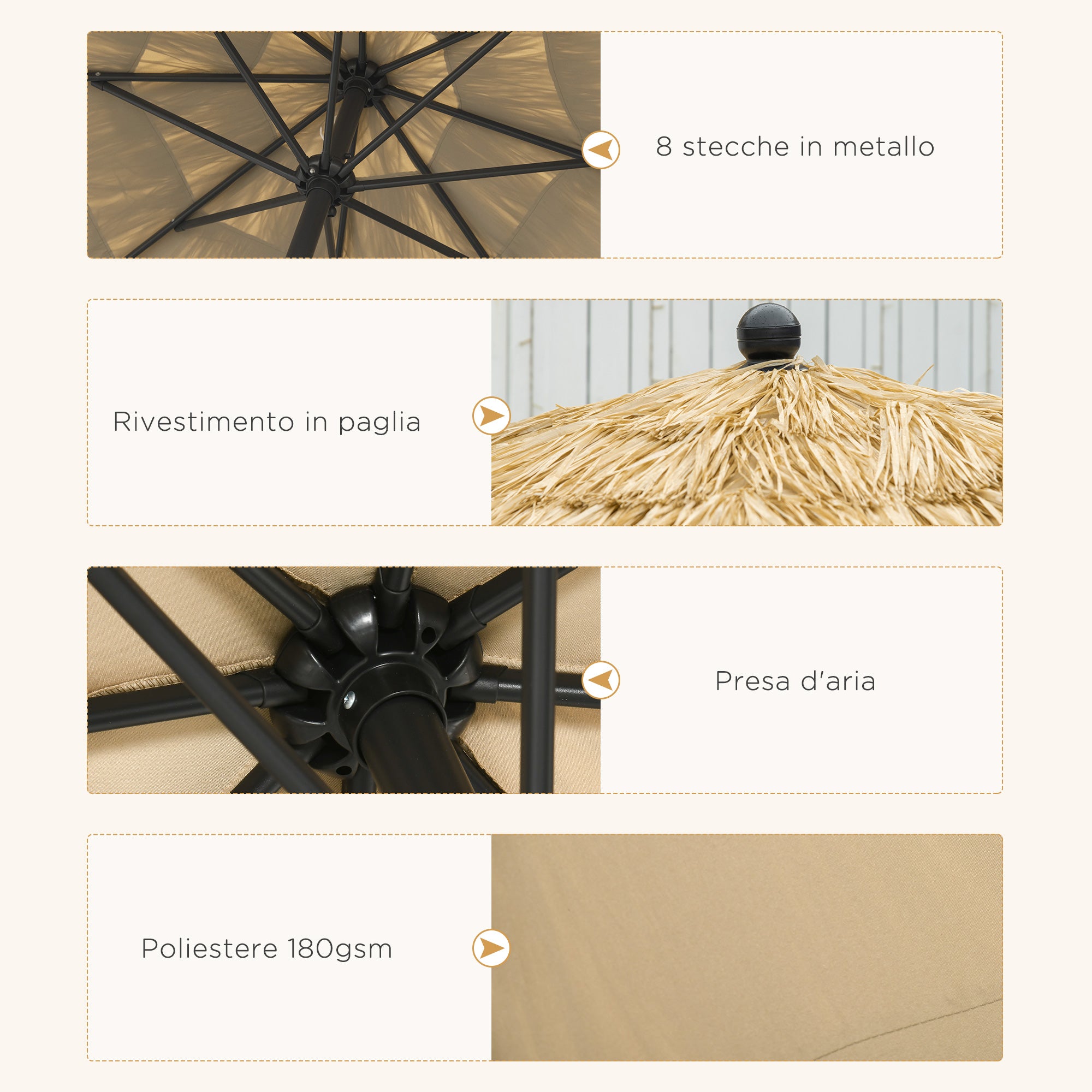 2.6x2.6m Tilting Garden Umbrella with Crank, Reclinable, Round Hawaiian Umbrella with 8 Ribs, in Aluminum and Polyester, for Yard Balcony Terrace, Khaki