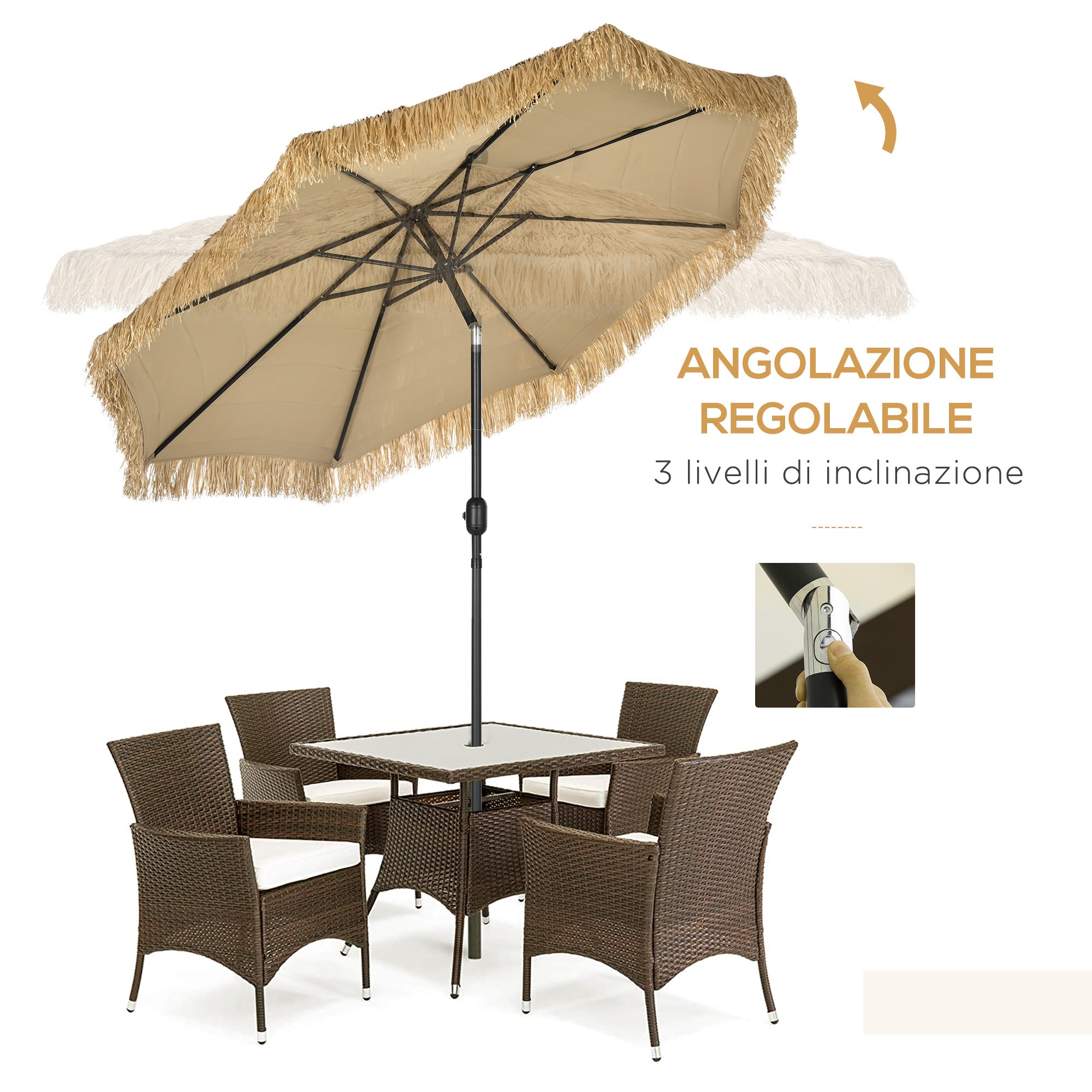 2.6x2.6m Tilting Garden Umbrella with Crank, Reclinable, Round Hawaiian Umbrella with 8 Ribs, in Aluminum and Polyester, for Yard Balcony Terrace, Khaki