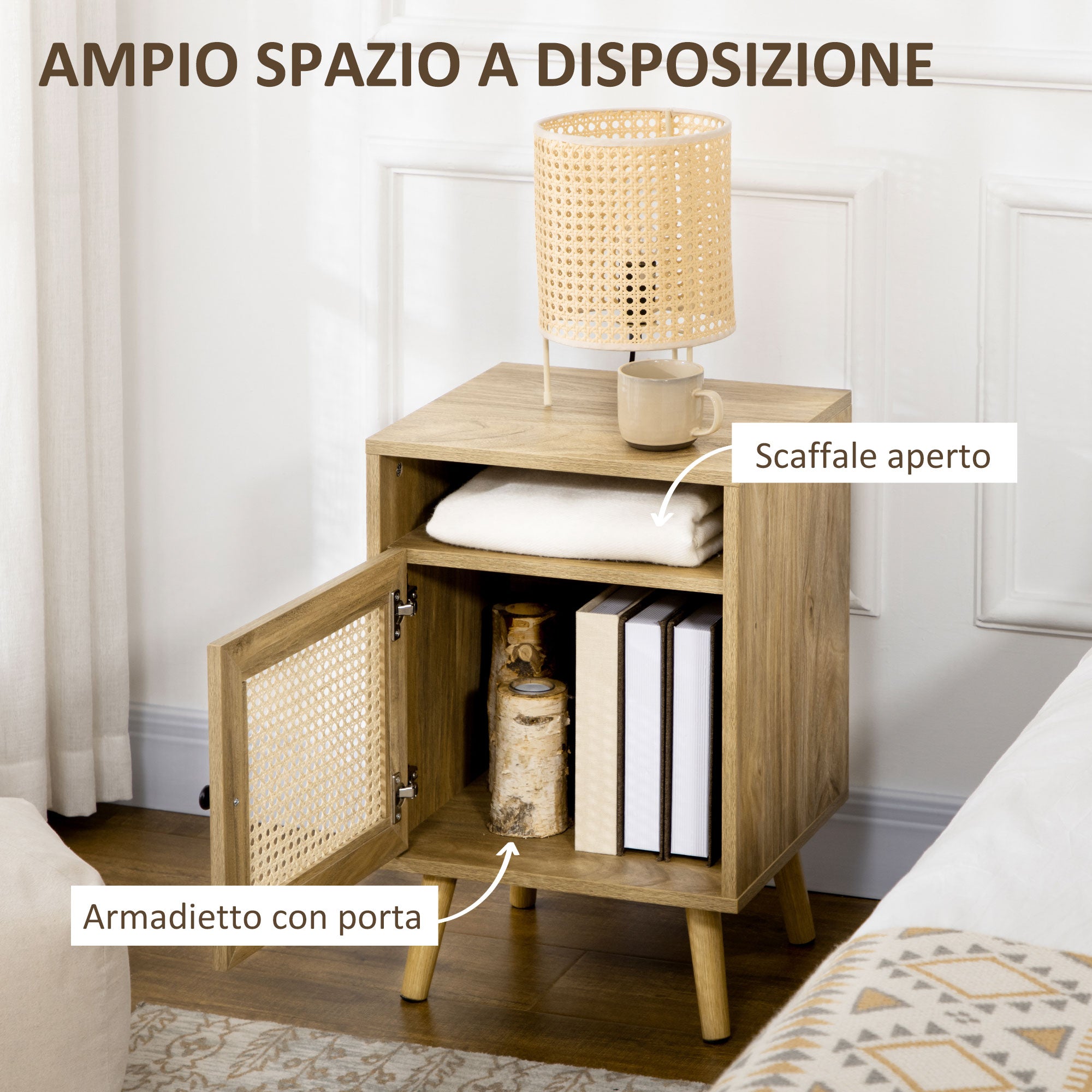 Bedroom Bedside Table, Small Wooden Bedside Table, Boho Style, with Cabinet and Open Shelf, for Bedroom, Living Room, 39x35x60 cm, Wood Color