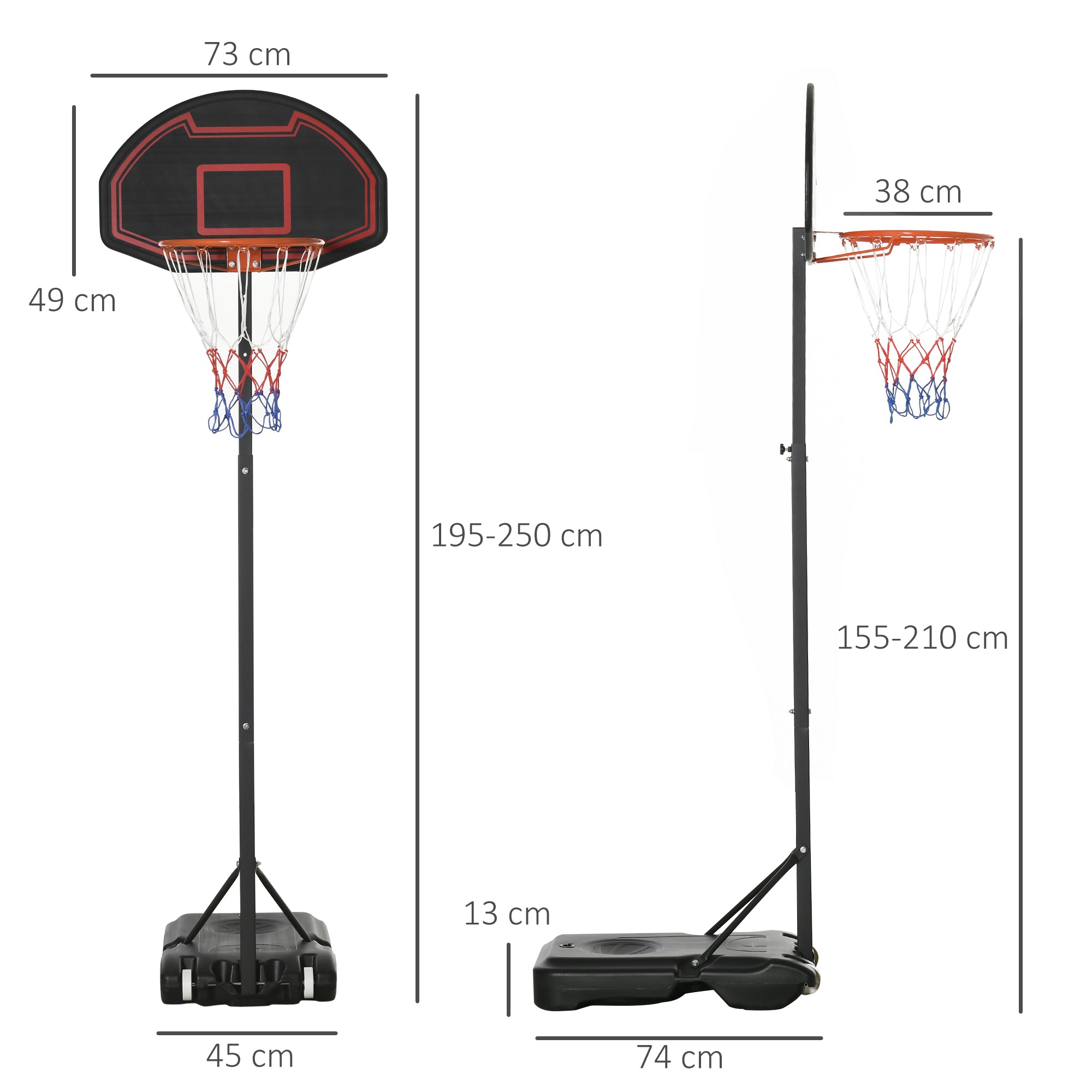 Basketball Hoop with Wheels 73x49cm Backboard, Mobile Basketball Hoop with Stand, Adjustable Hoop Height 155 to 210 cm, Basketball System for Kids Youths, Indoor and Outdoor Use