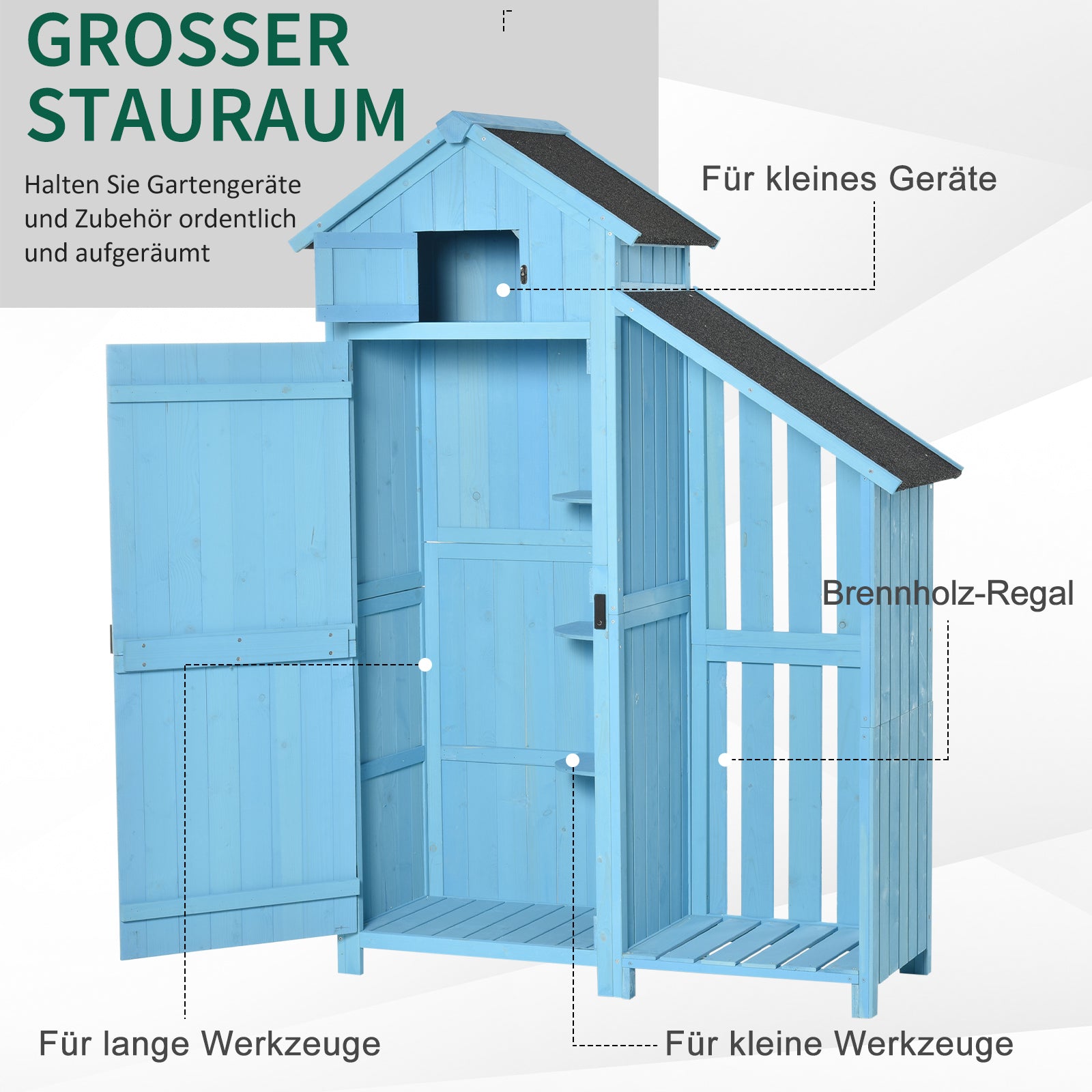 Garden House Equipment Shed with Firewood Storage Rack Equipment Shed with 3 Shelves Asphalt Roof Fir Wood Sky Blue 130 x 54.5 x 180 cm