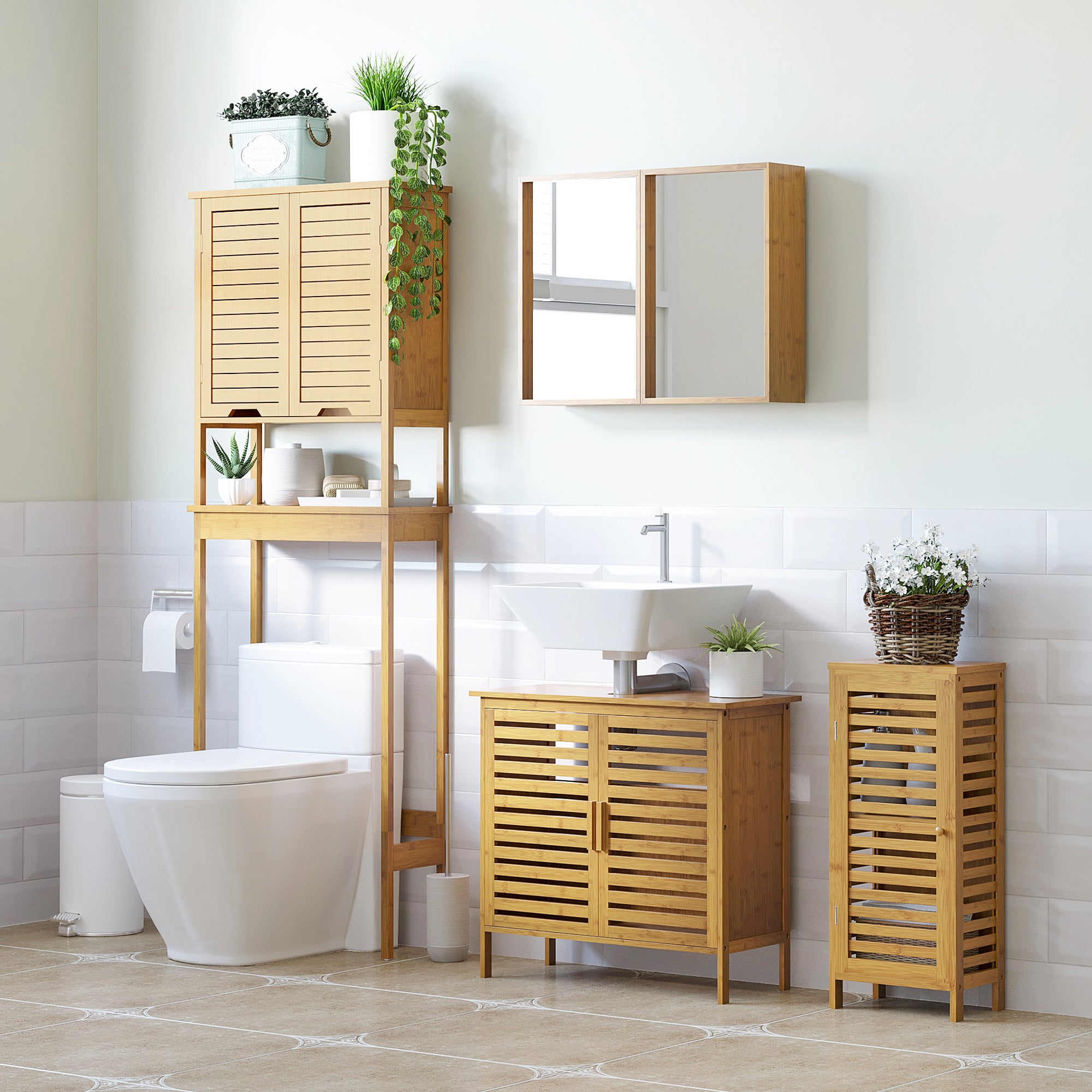 Bathroom Cabinet, Bath Side Cabinet with Louvered Door, 2 Compartments, Storage Cabinet for Bathroom, Living Room, Natural, 30 x 19.9 x 70 cm