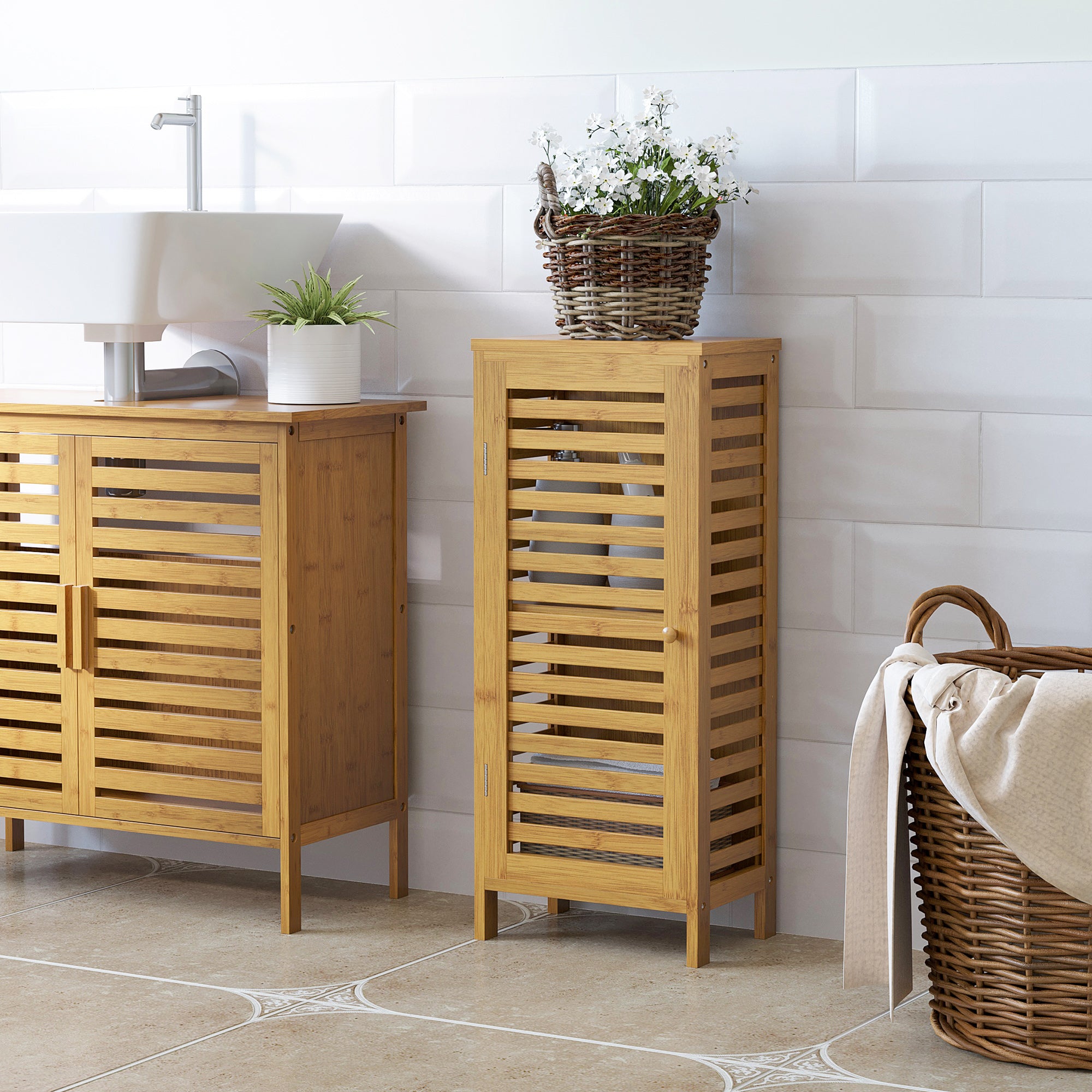 Bathroom Cabinet, Bath Side Cabinet with Louvered Door, 2 Compartments, Storage Cabinet for Bathroom, Living Room, Natural, 30 x 19.9 x 70 cm