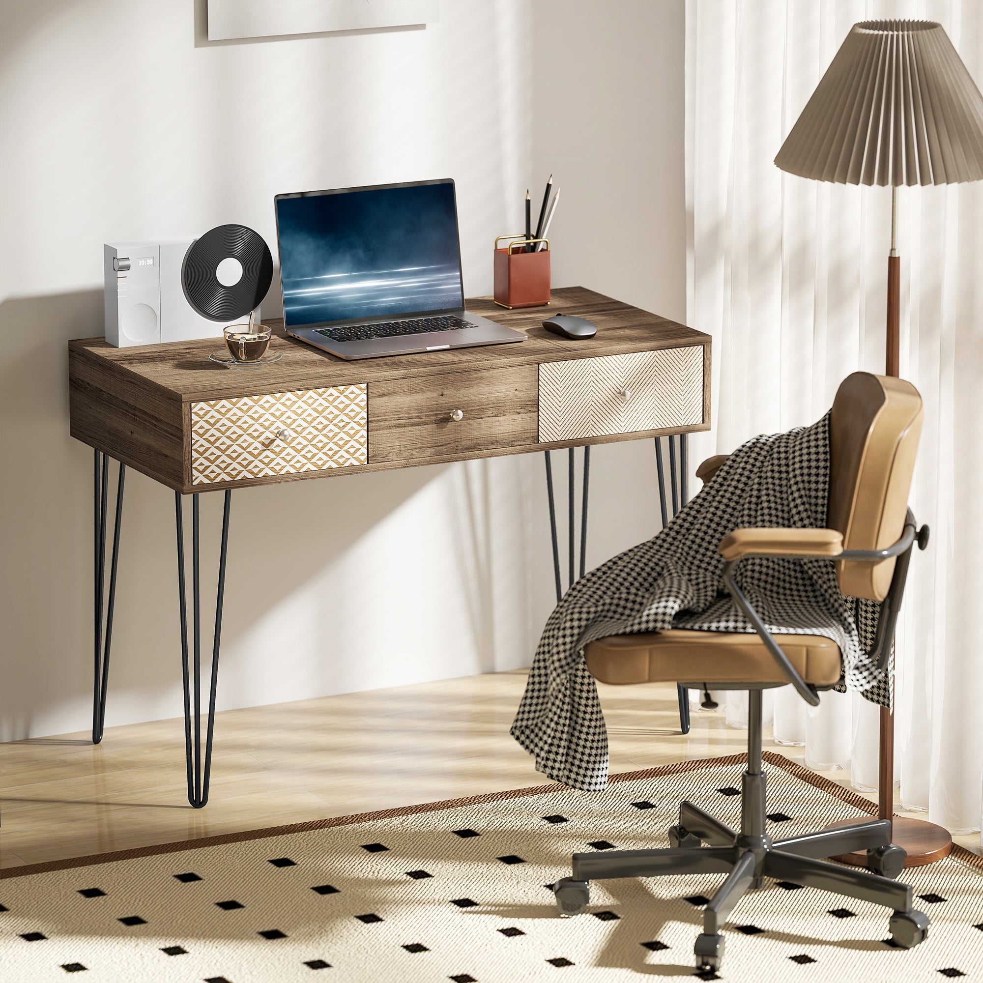 Bohemian Desk Study Desk with 3 Drawers and Hairpin Legs for Office Bedroom Dressing Table 105x50x75 cm Wood