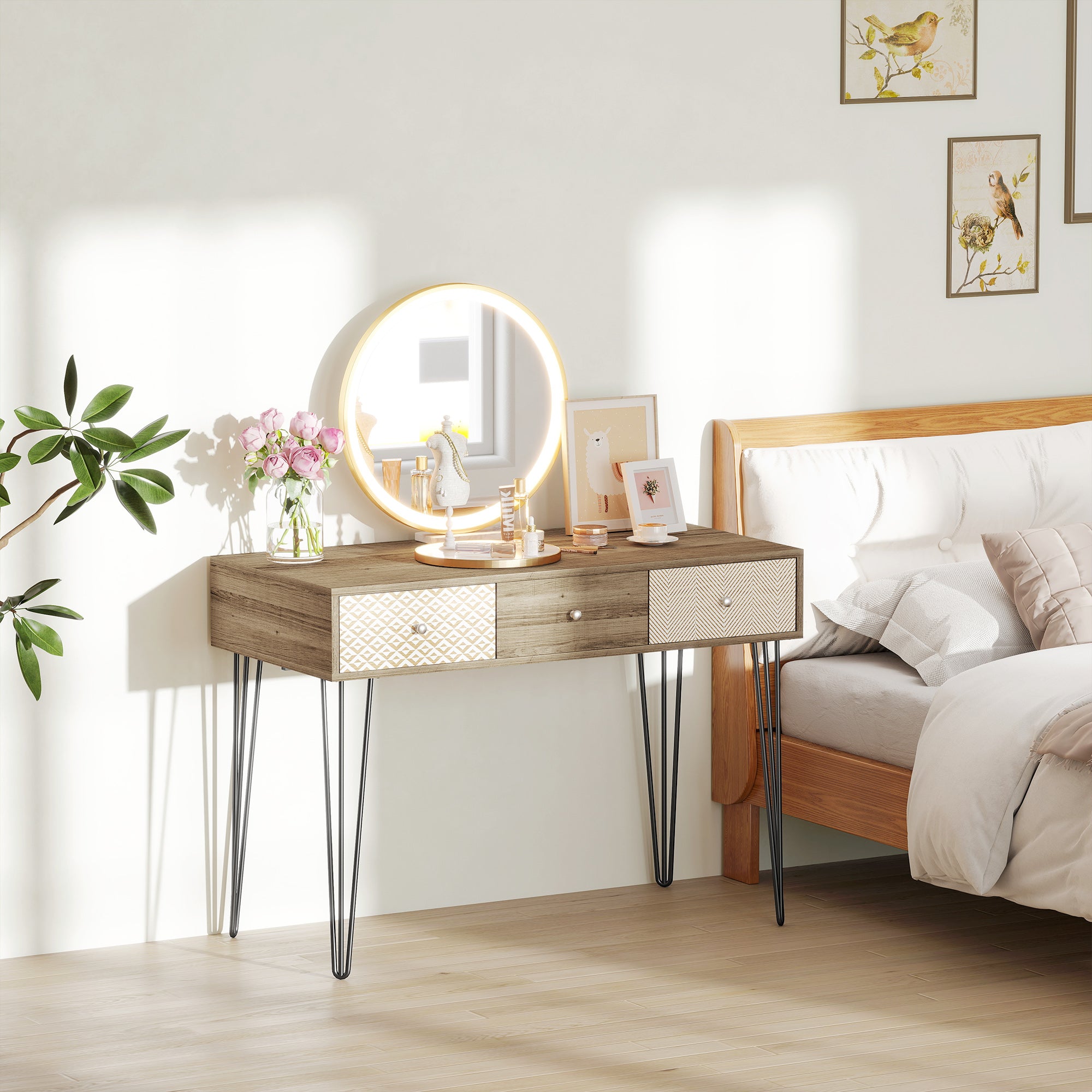 Bohemian Desk Study Desk with 3 Drawers and Hairpin Legs for Office Bedroom Dressing Table 105x50x75 cm Wood