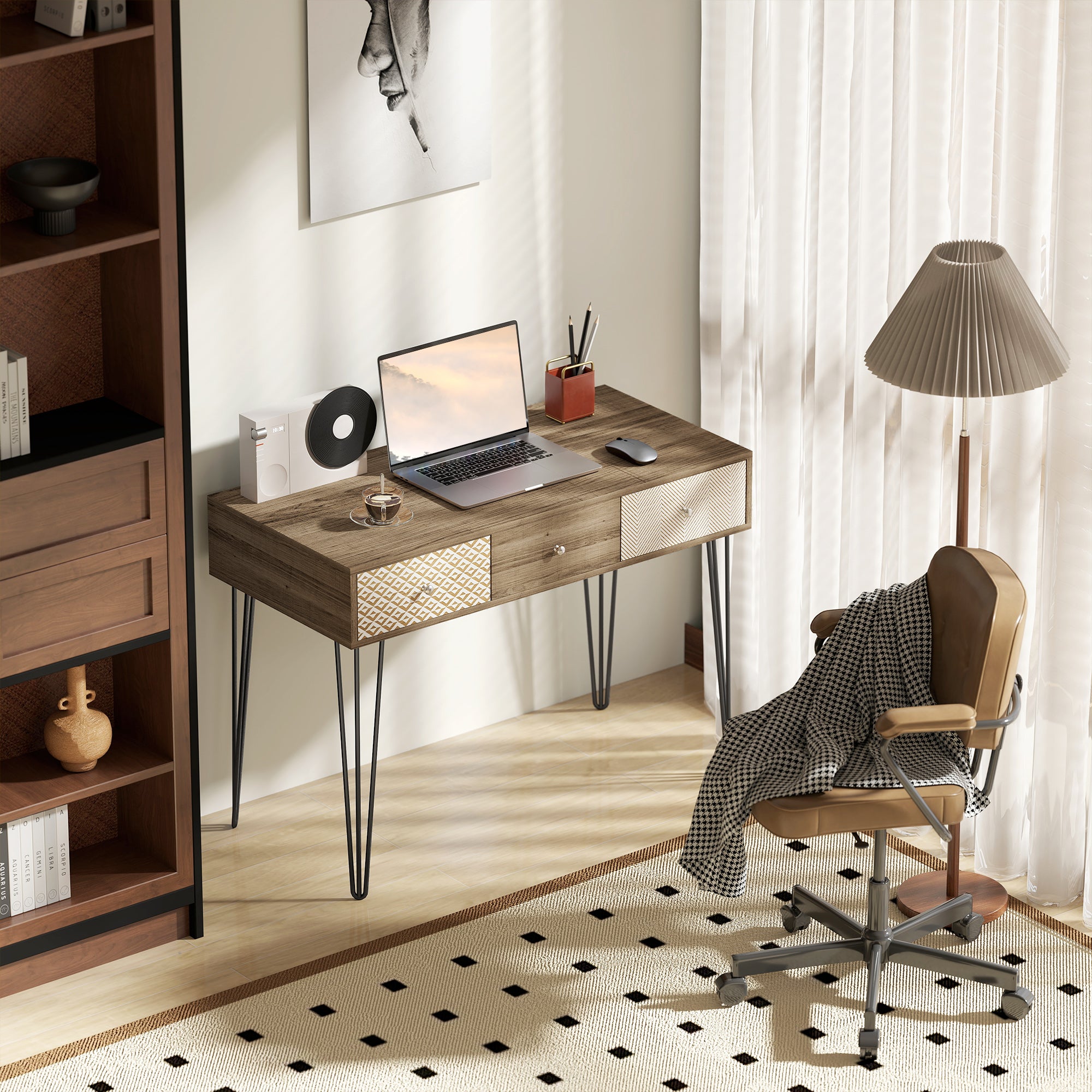 Bohemian Desk Study Desk with 3 Drawers and Hairpin Legs for Office Bedroom Dressing Table 105x50x75 cm Wood