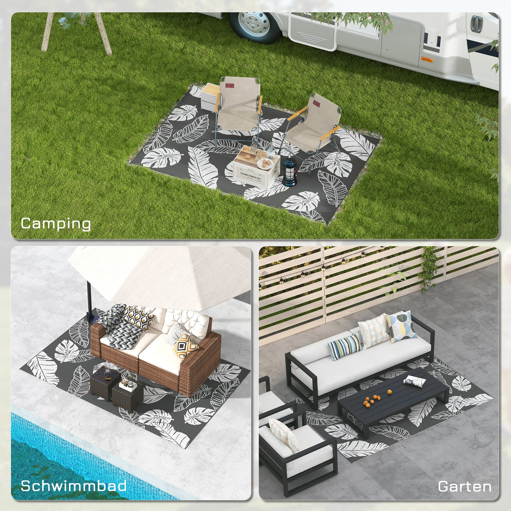 Outdoor Carpet, Camping Mat with Reversible Design, Weatherproof Plastic Rug for Balcony, Terrace, Gray+White, 182 x 274 cm
