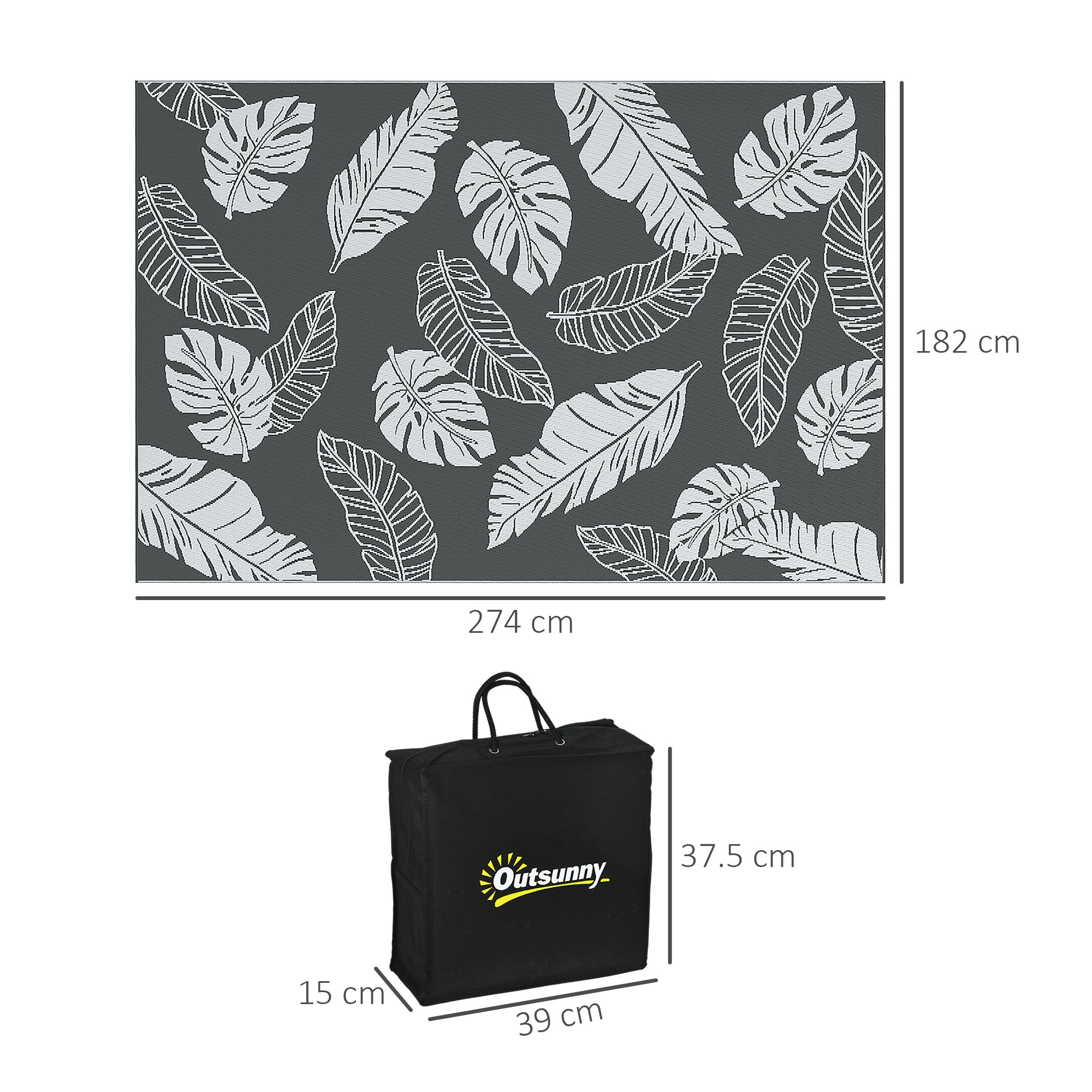 Outdoor Carpet, Camping Mat with Reversible Design, Weatherproof Plastic Rug for Balcony, Terrace, Gray+White, 182 x 274 cm