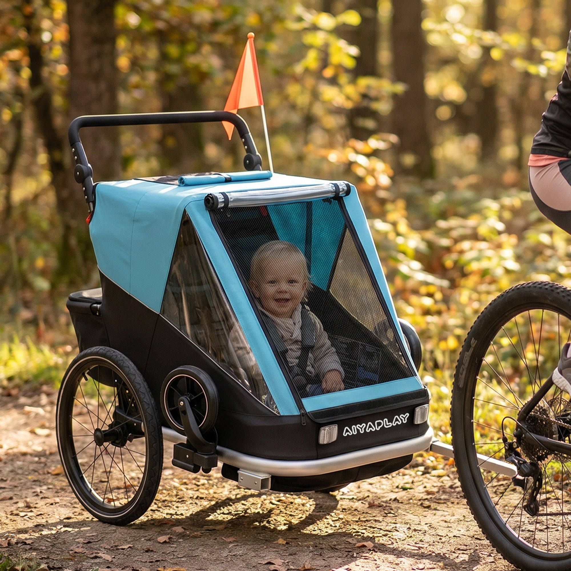 2-in-1 Foldable 2-Seat Bike Trailer & Stroller — 5-Point Harness, Safety Flag, for Children from 12 Months (Max 18 kg / 40 lb)