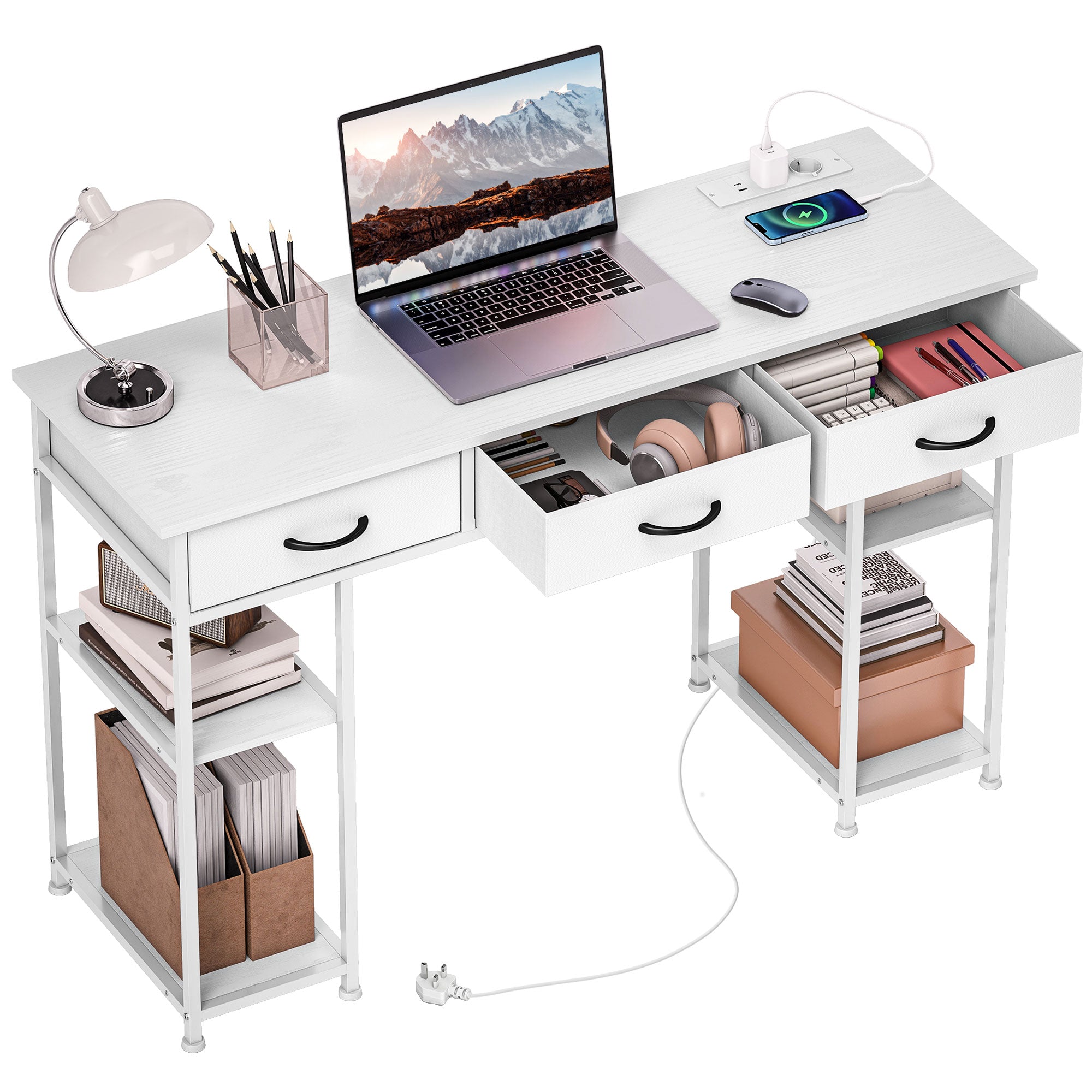 Computer Desk with 2 USB Charging Ports and 2 Power Outlets, Desk with Storage 120 x 40 cm, Adjustable Shelves and 3 Fabric Drawers, Workstation, Steel Frame, White