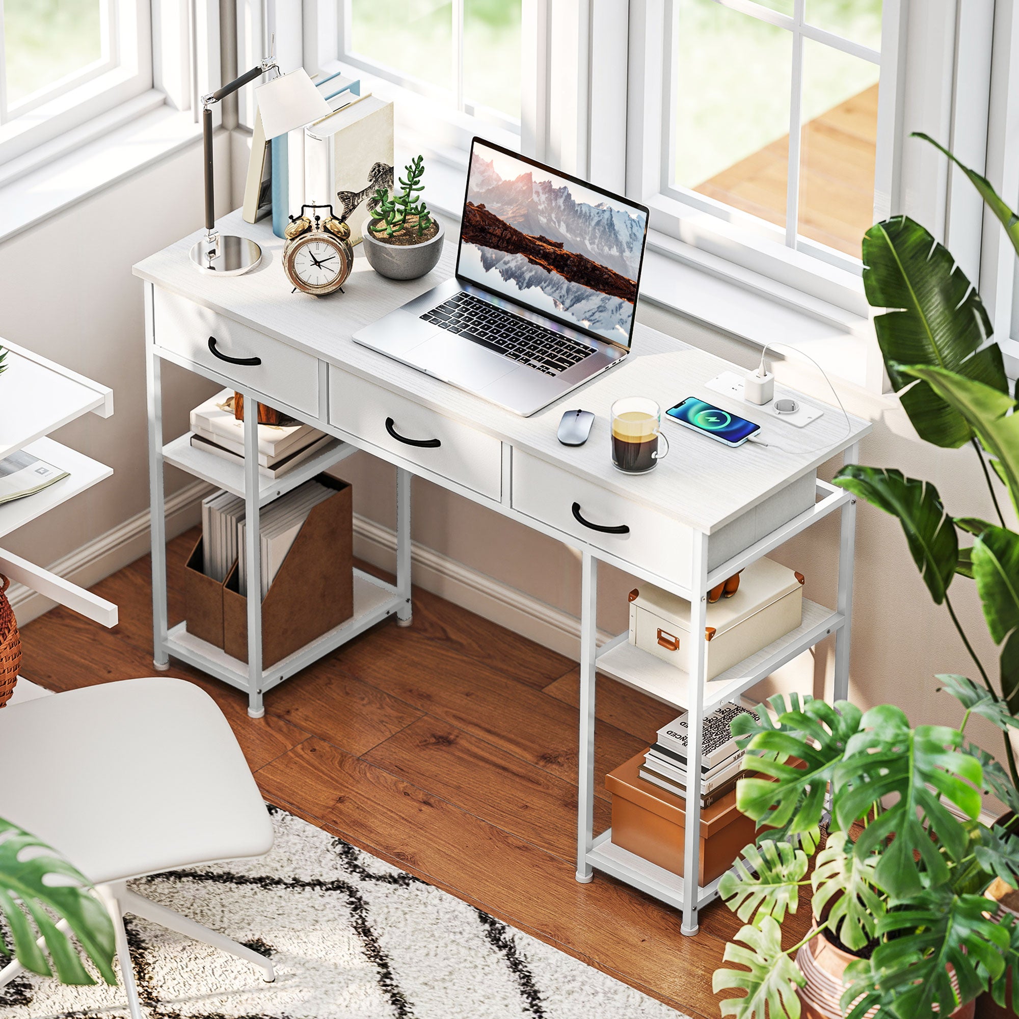 Computer Desk with 2 USB Charging Ports and 2 Power Outlets, Desk with Storage 120 x 40 cm, Adjustable Shelves and 3 Fabric Drawers, Workstation, Steel Frame, White