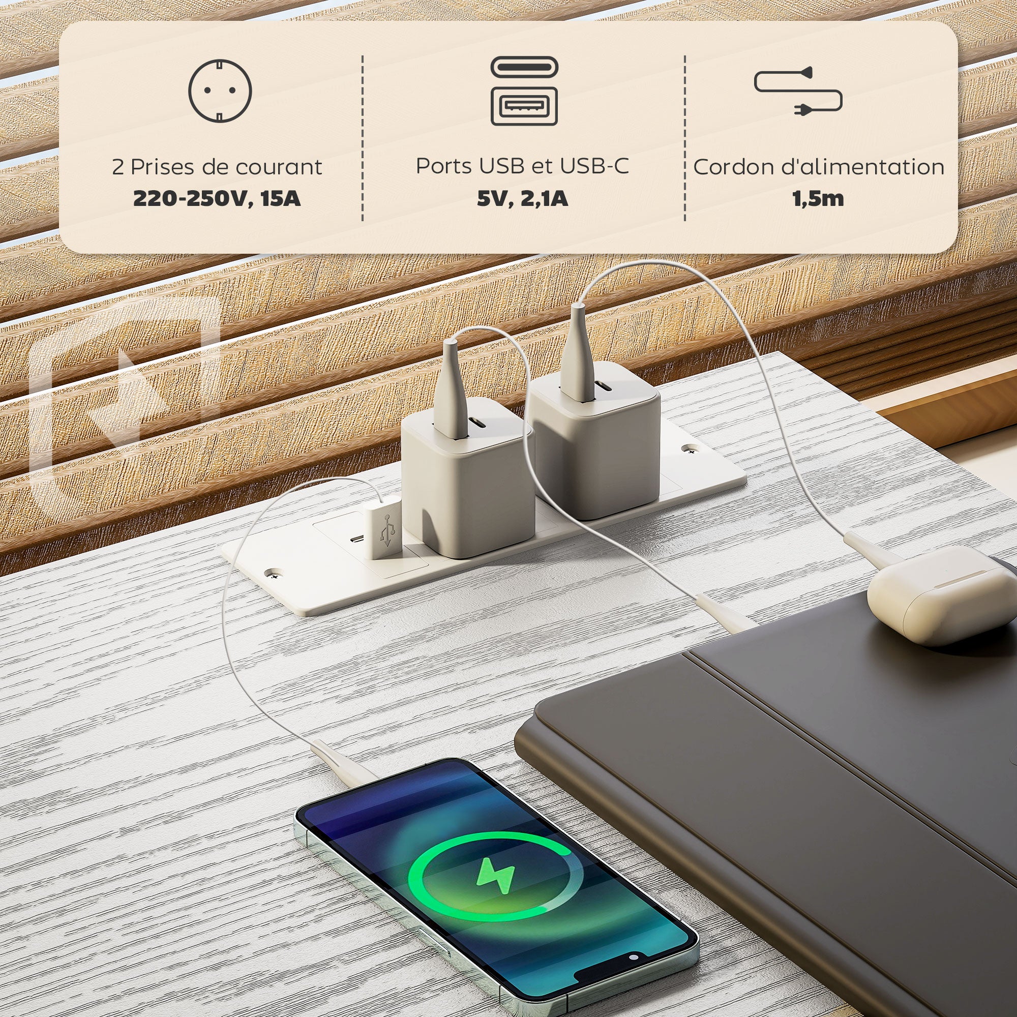 Computer Desk with 2 USB Charging Ports and 2 Power Outlets, Desk with Storage 120 x 40 cm, Adjustable Shelves and 3 Fabric Drawers, Workstation, Steel Frame, White