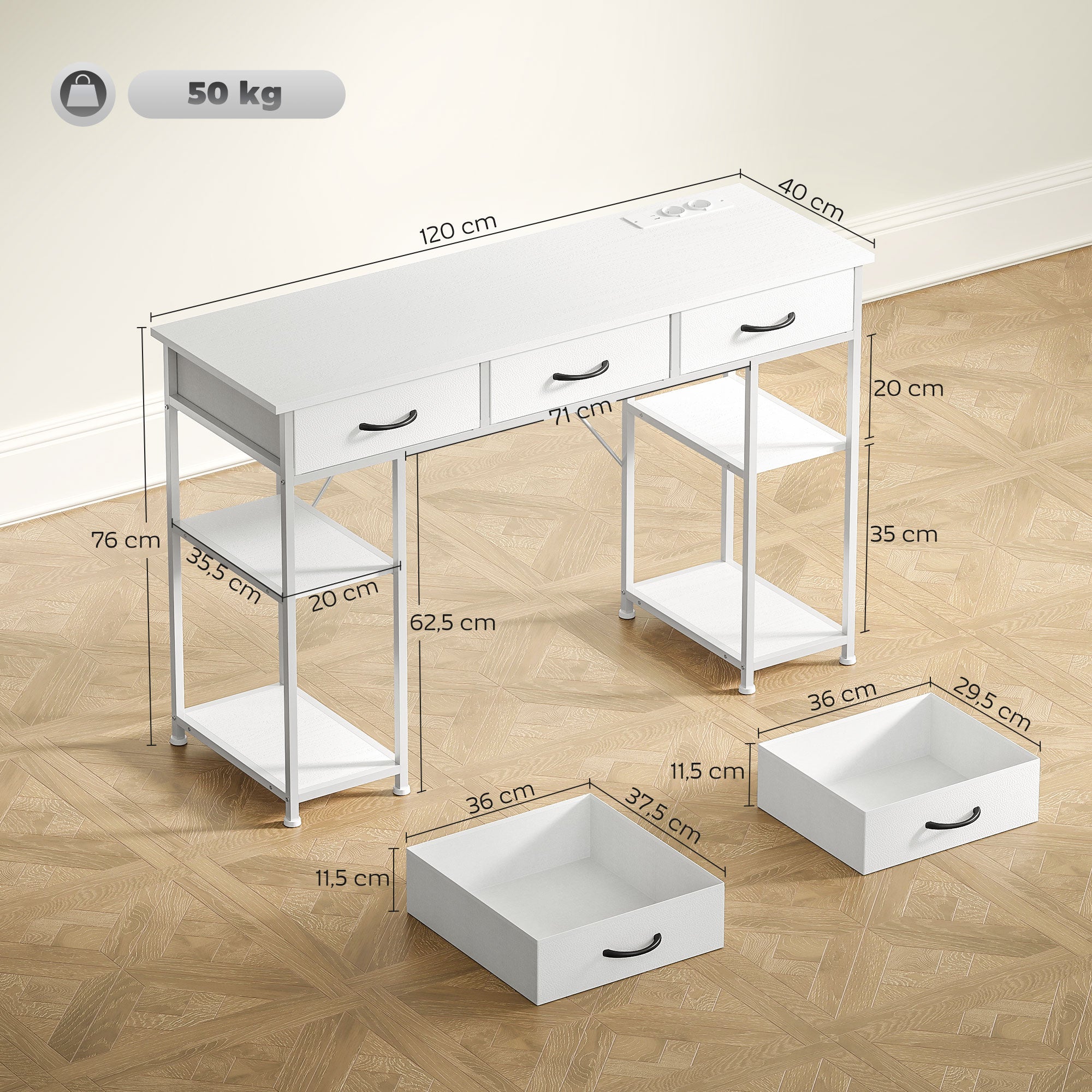 Computer Desk with 2 USB Charging Ports and 2 Power Outlets, Desk with Storage 120 x 40 cm, Adjustable Shelves and 3 Fabric Drawers, Workstation, Steel Frame, White