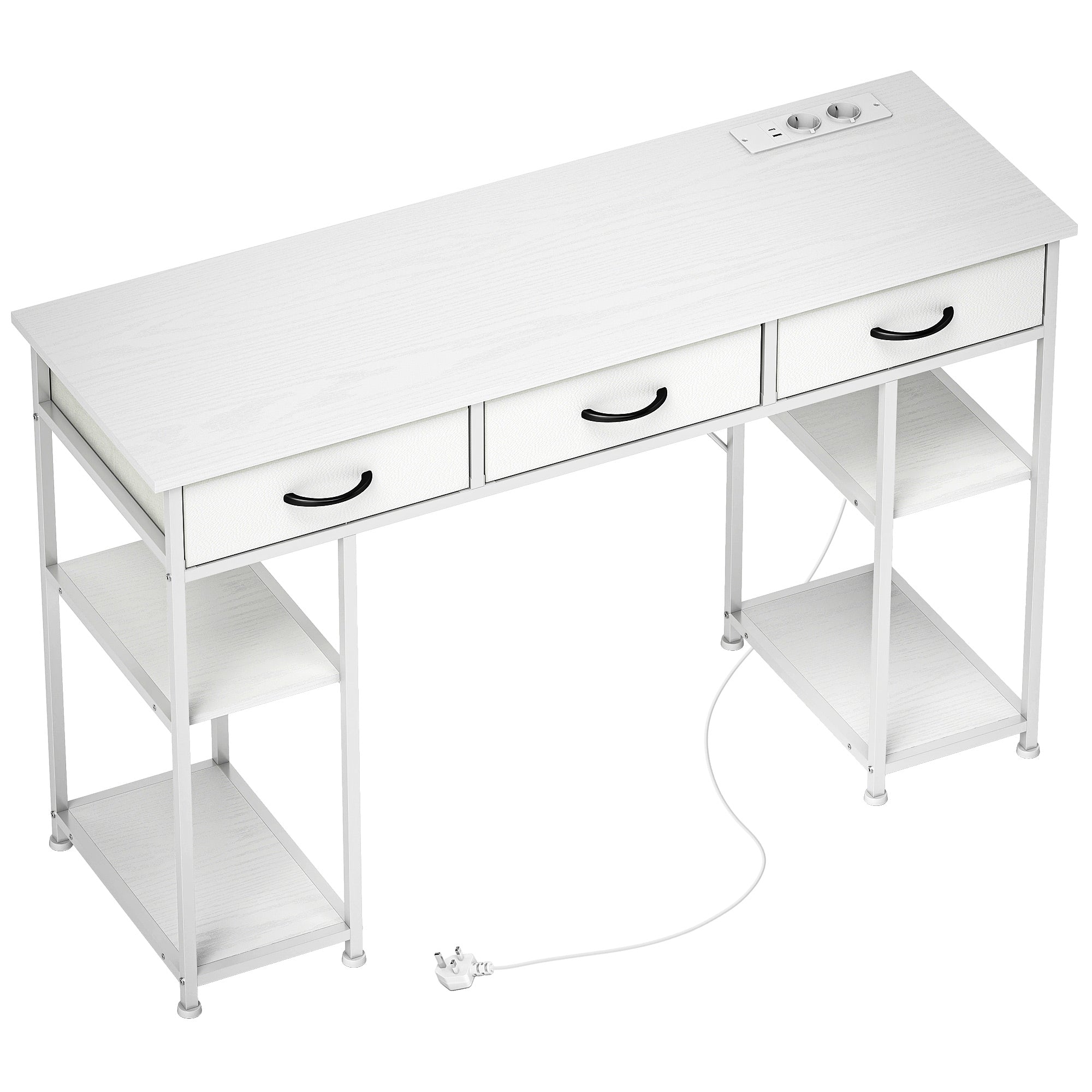 Computer Desk with 2 USB Charging Ports and 2 Power Outlets, Desk with Storage 120 x 40 cm, Adjustable Shelves and 3 Fabric Drawers, Workstation, Steel Frame, White