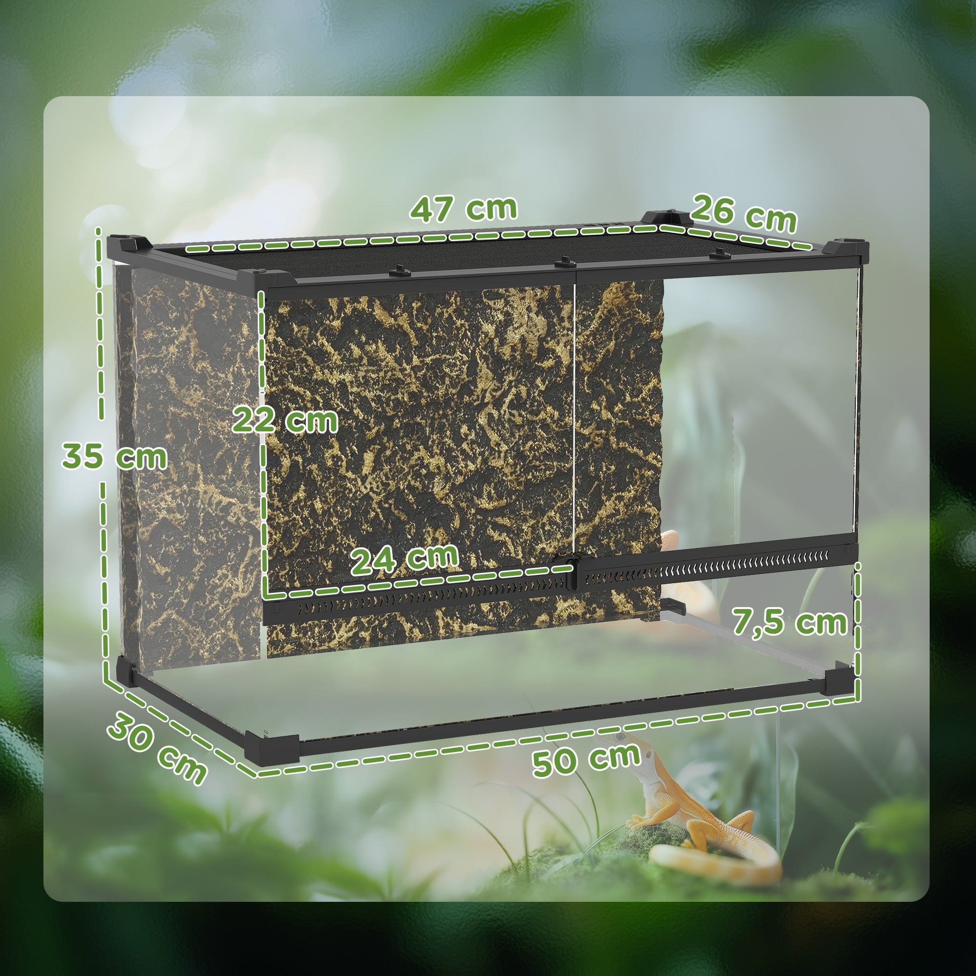 Glass Terrarium for Reptiles — 48 L Enclosure with Front Ventilation, Rock Backdrop, Escape-Proof Knob Lock, Black (50 × 30 × 35 cm / 19.7 × 11.8 × 13.8 in)