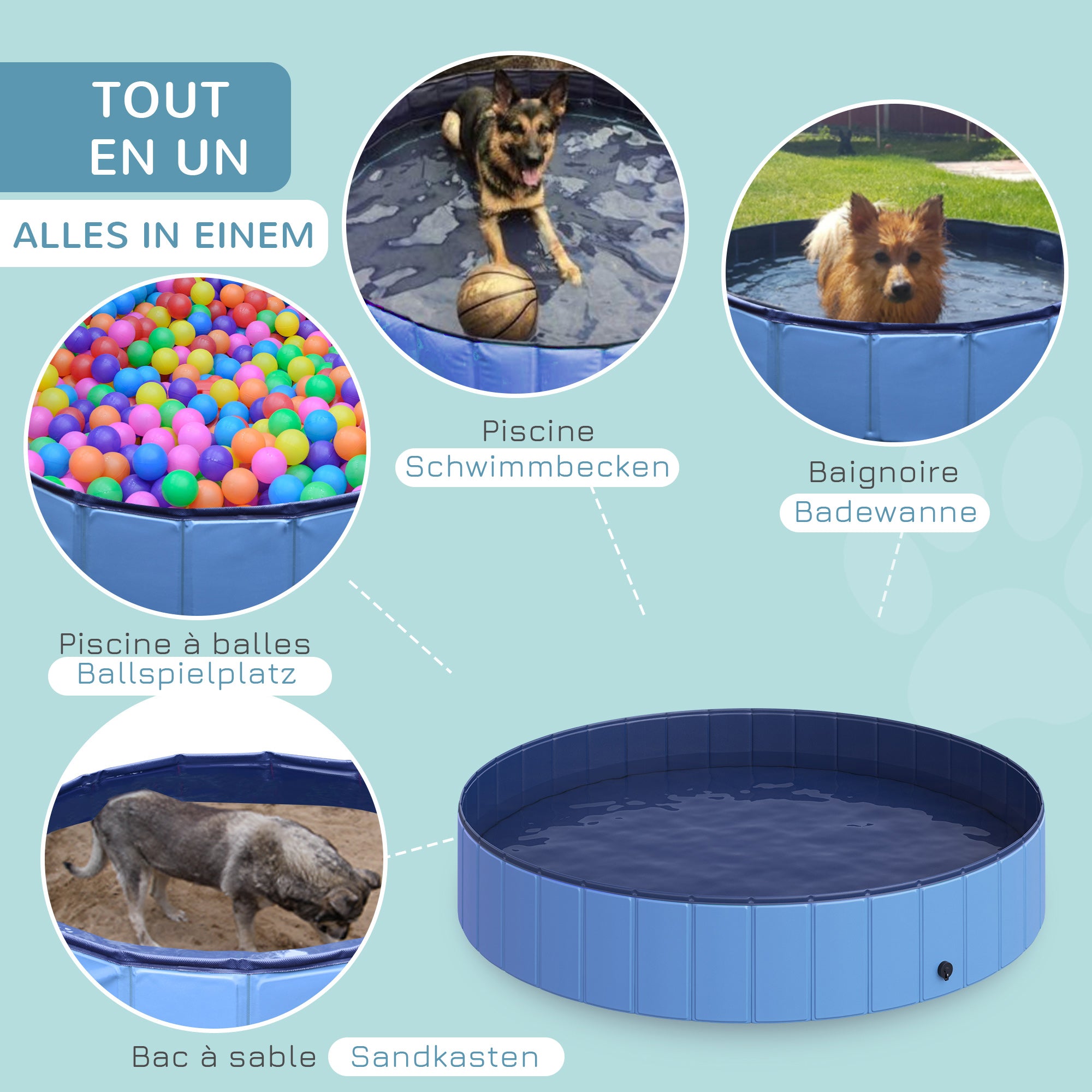 Foldable Dog Bath Tub Dog Pool Paddling Pool Swimming Pool Water Basin for Dogs and Cats Swimming Pool Plastic+Wood Blue Ø120 x H30 cm