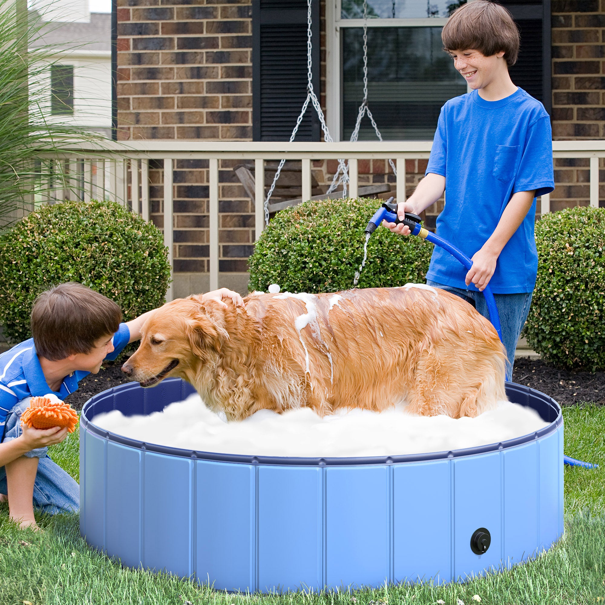 Foldable Dog Bath Tub Dog Pool Paddling Pool Swimming Pool Water Basin for Dogs and Cats Swimming Pool Plastic+Wood Blue Ø120 x H30 cm