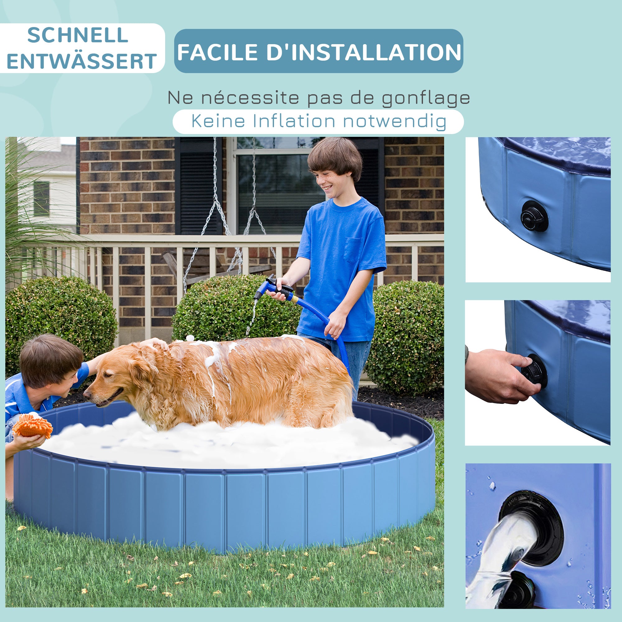 Foldable Dog Bath Tub Dog Pool Paddling Pool Swimming Pool Water Basin for Dogs and Cats Swimming Pool Plastic+Wood Blue Ø120 x H30 cm