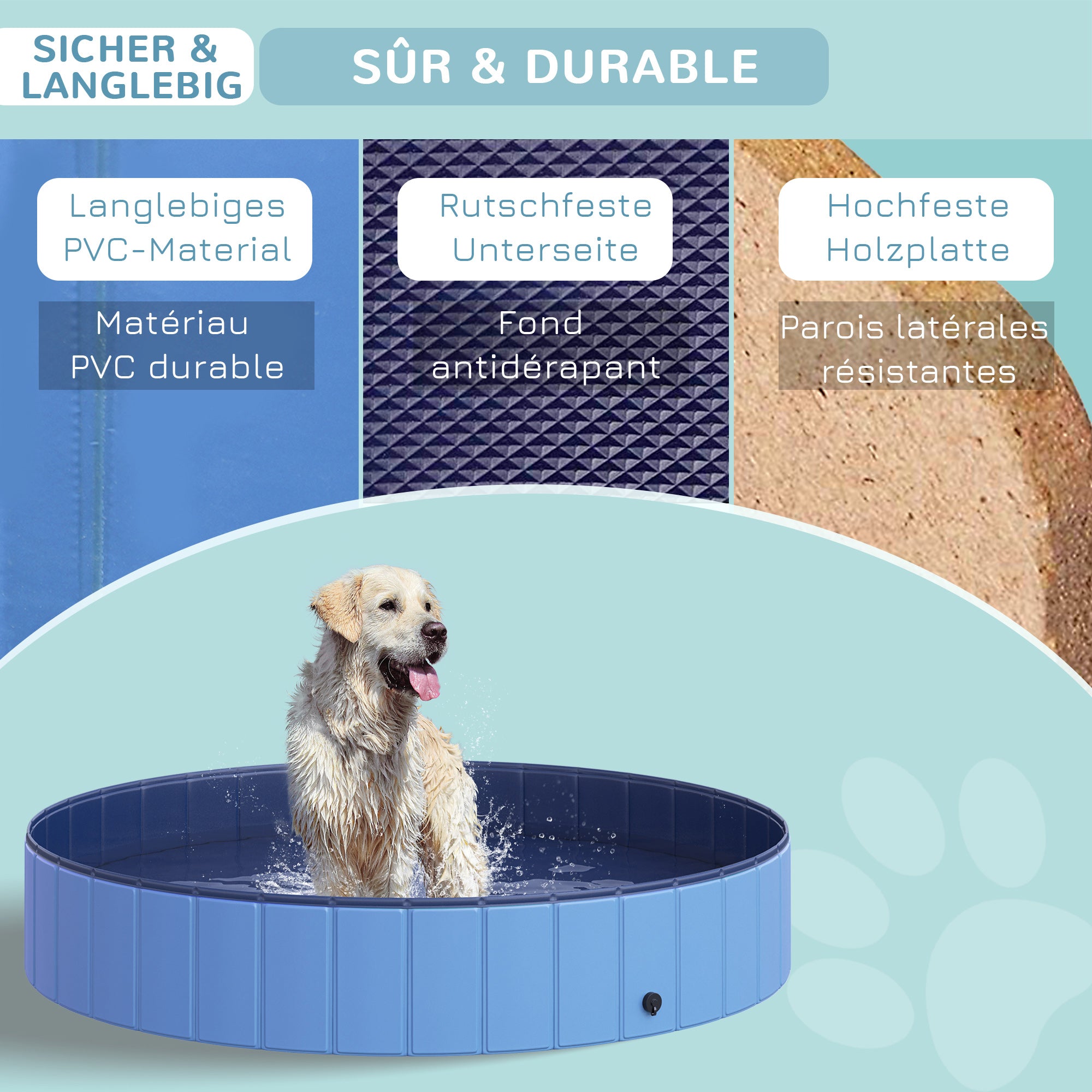Foldable Dog Bath Tub Dog Pool Paddling Pool Swimming Pool Water Basin for Dogs and Cats Swimming Pool Plastic+Wood Blue Ø120 x H30 cm
