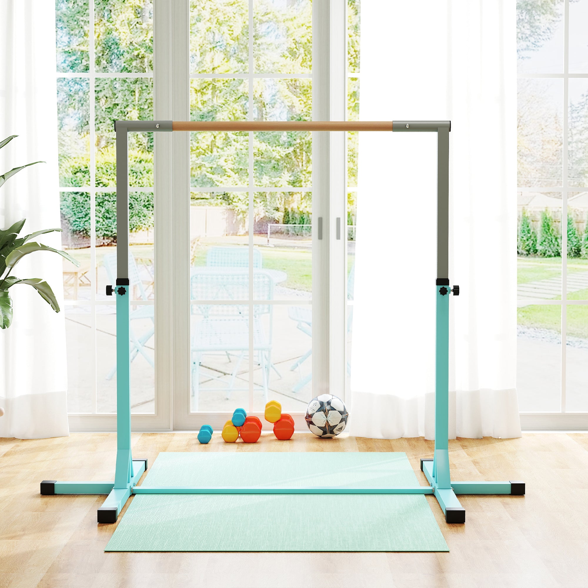 Adjustable Kids Gym Bar – 13 Heights (36–59 in), Beech Wood Bar & Steel Frame, Anti-Slip, Cyan