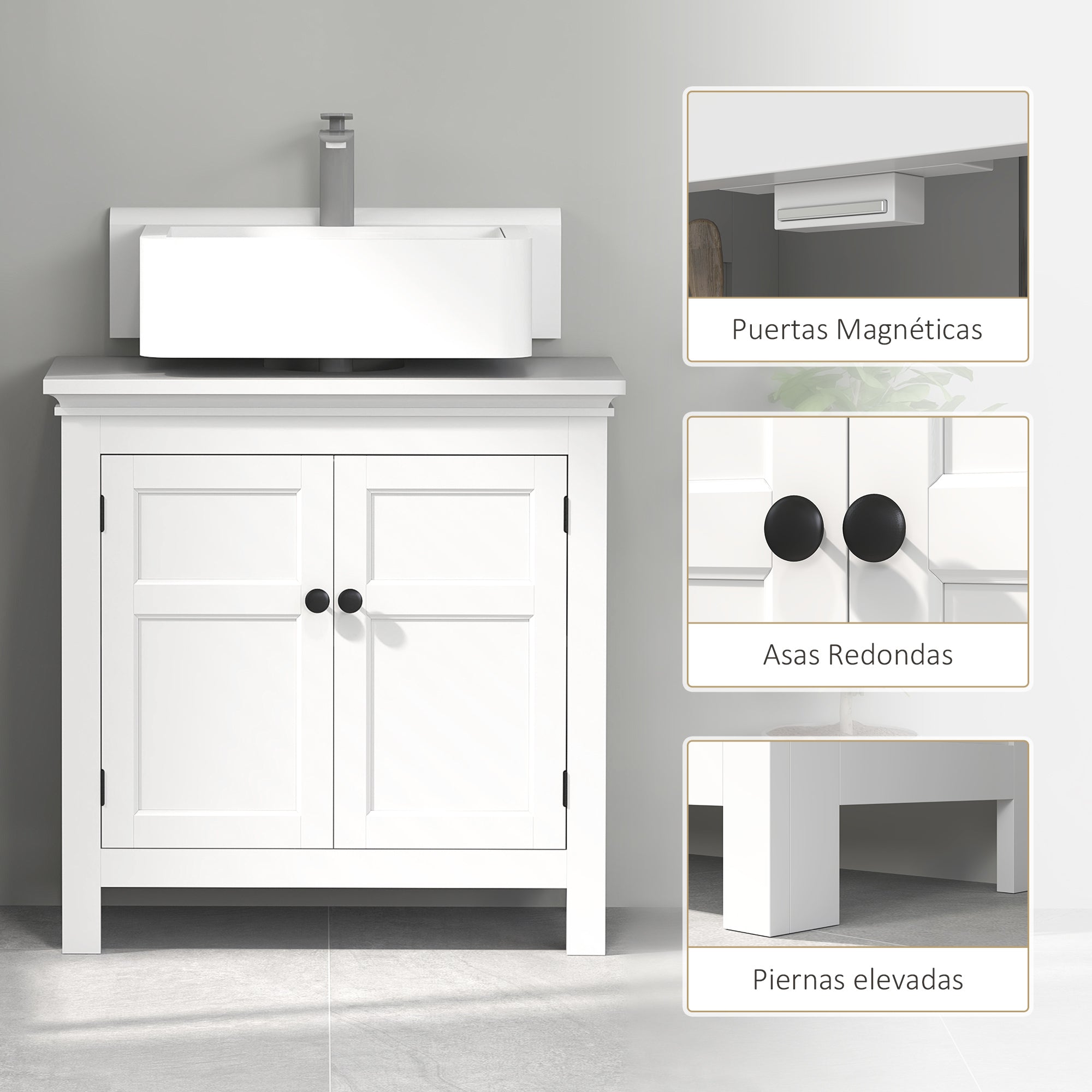 Under Sink Cabinet Modern Bathroom Vanity Unit with Adjustable Shelf and Magnetic Doors 60x30x60 cm White