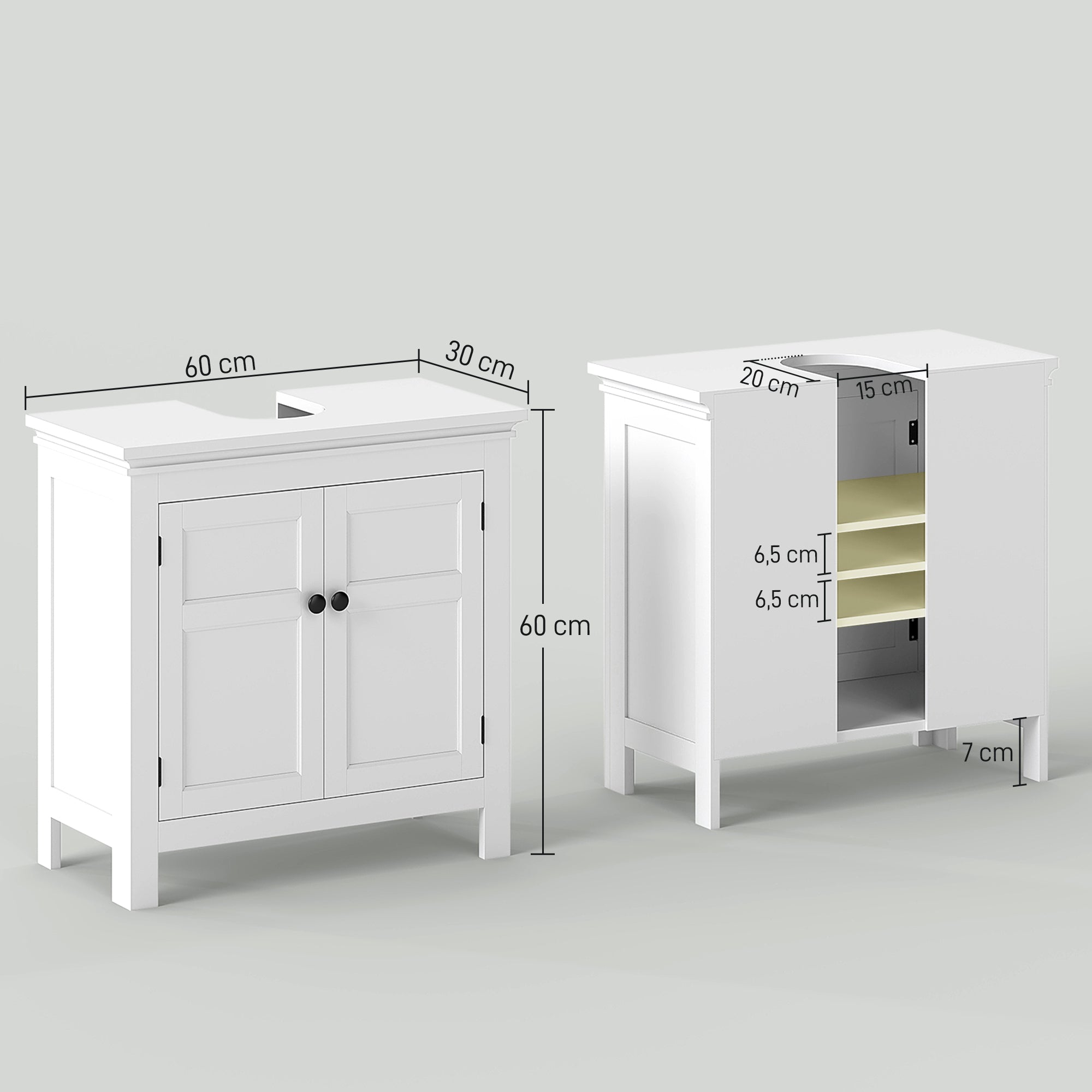 Under Sink Cabinet Modern Bathroom Vanity Unit with Adjustable Shelf and Magnetic Doors 60x30x60 cm White