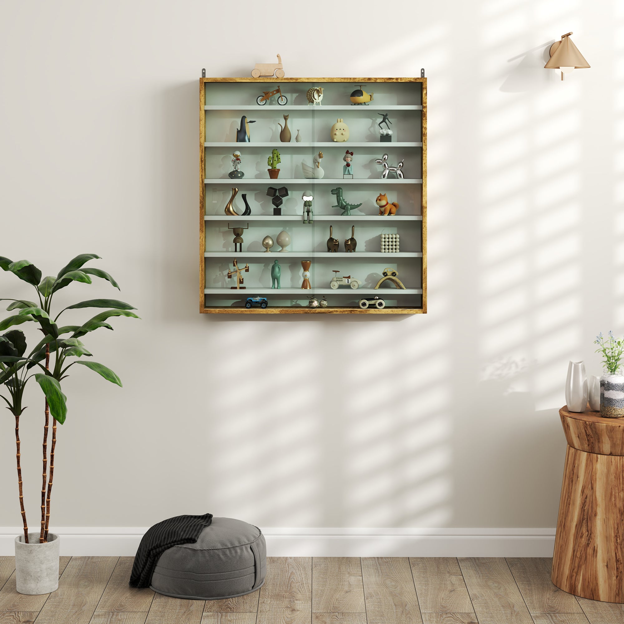 Wall Display Cabinet for Collectibles, 31.5" x 3.7" x 32.7" with 6 Adjustable Shelves and 2 Sliding Glass Doors, Rustic Brown