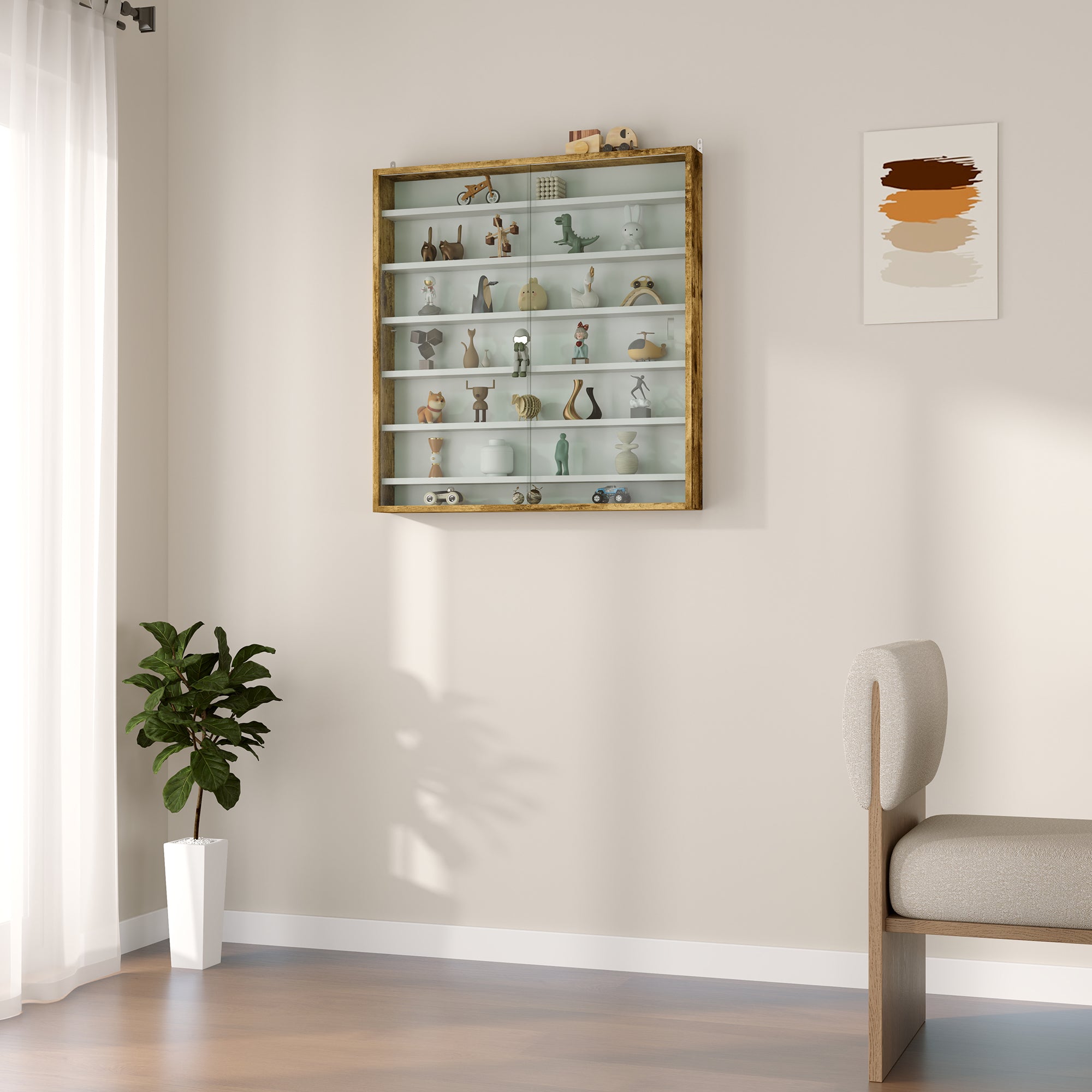 Wall Display Cabinet for Collectibles, 31.5" x 3.7" x 32.7" with 6 Adjustable Shelves and 2 Sliding Glass Doors, Rustic Brown