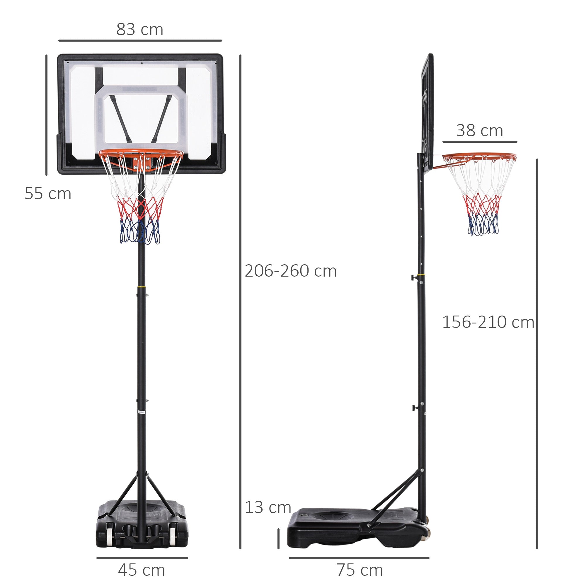 Basketball Stand with Wheels 83x55cm Backboard, Portable Basketball Hoop with Stand, adjustable Hoop Height 156 to 210 cm, Basketball System for Kids Teenagers, for Outdoor Use
