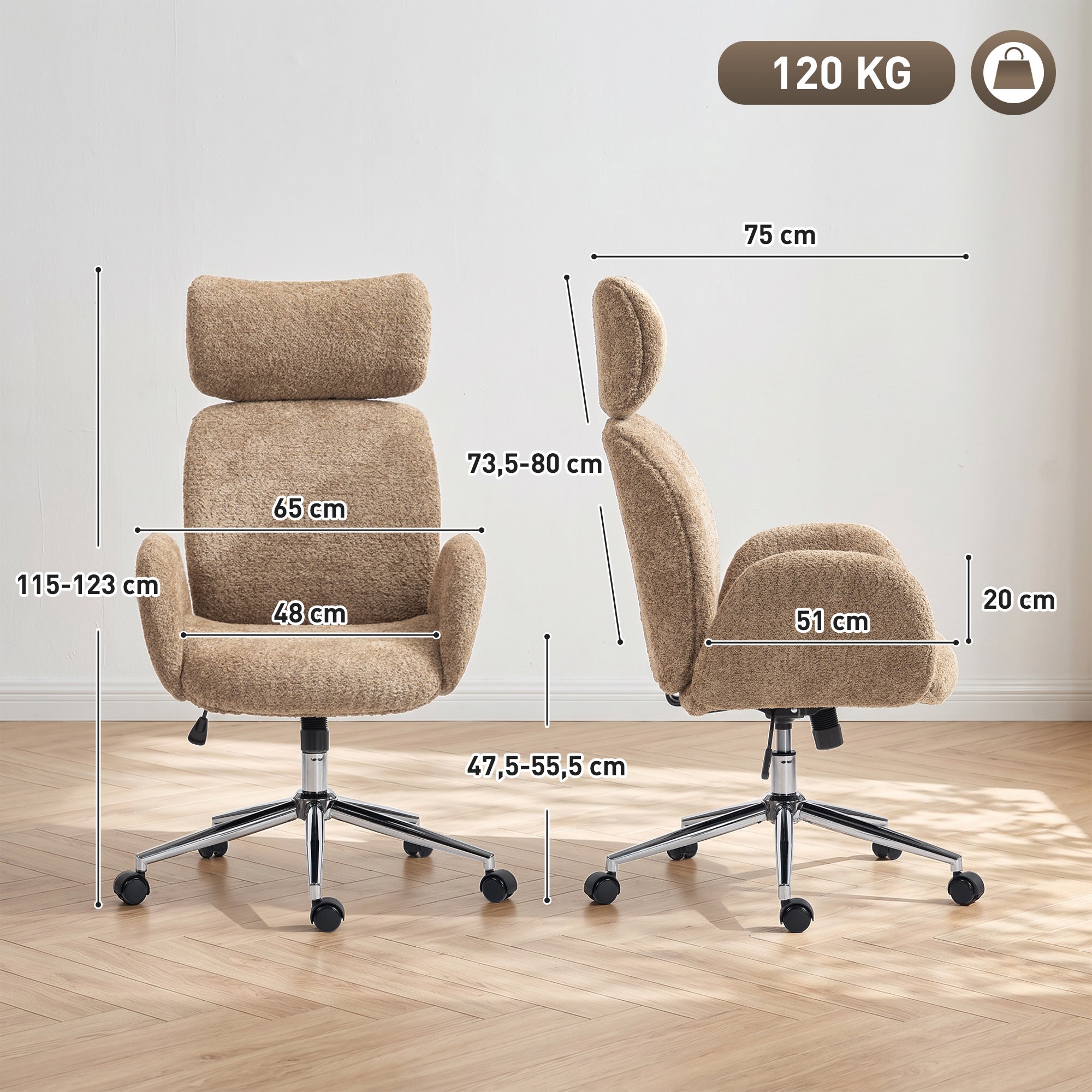 Office Chair for Home Office with Armrests, Adjustable Headrest, Height-Adjustable Swivel Chair with Tilt, Bouclé Finish, Brown
