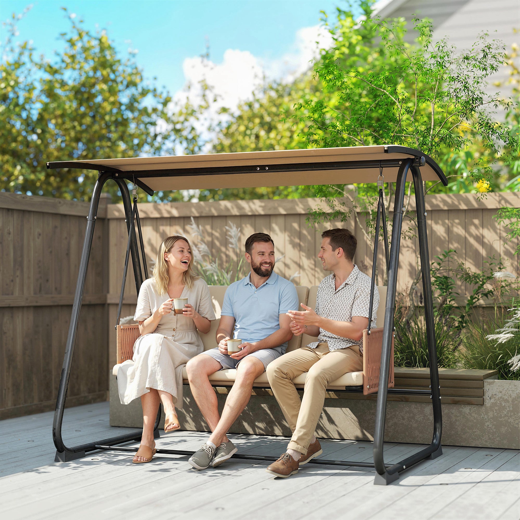 3-Seater Hollywood-Style Garden Swing with Adjustable Canopy, Removable Breathable Seat Cushion, Rattan Arms — UV30+ Protection, 794 lb Capacity, Sand
