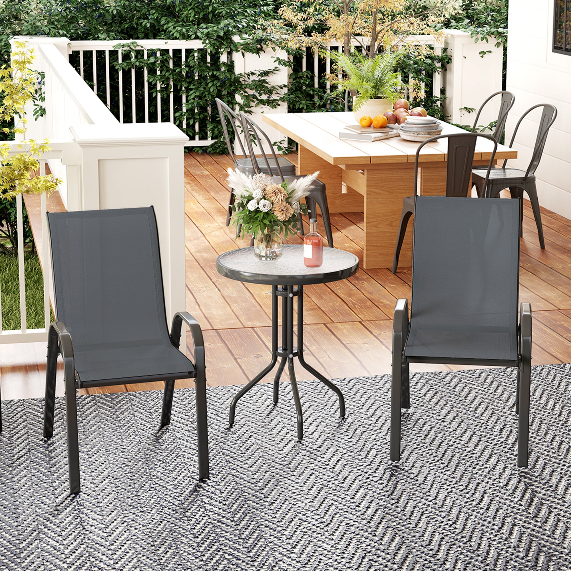 3-Piece Weather-Resistant Bistro Patio Set with Glass Table and Stackable Chairs — Dark Gray