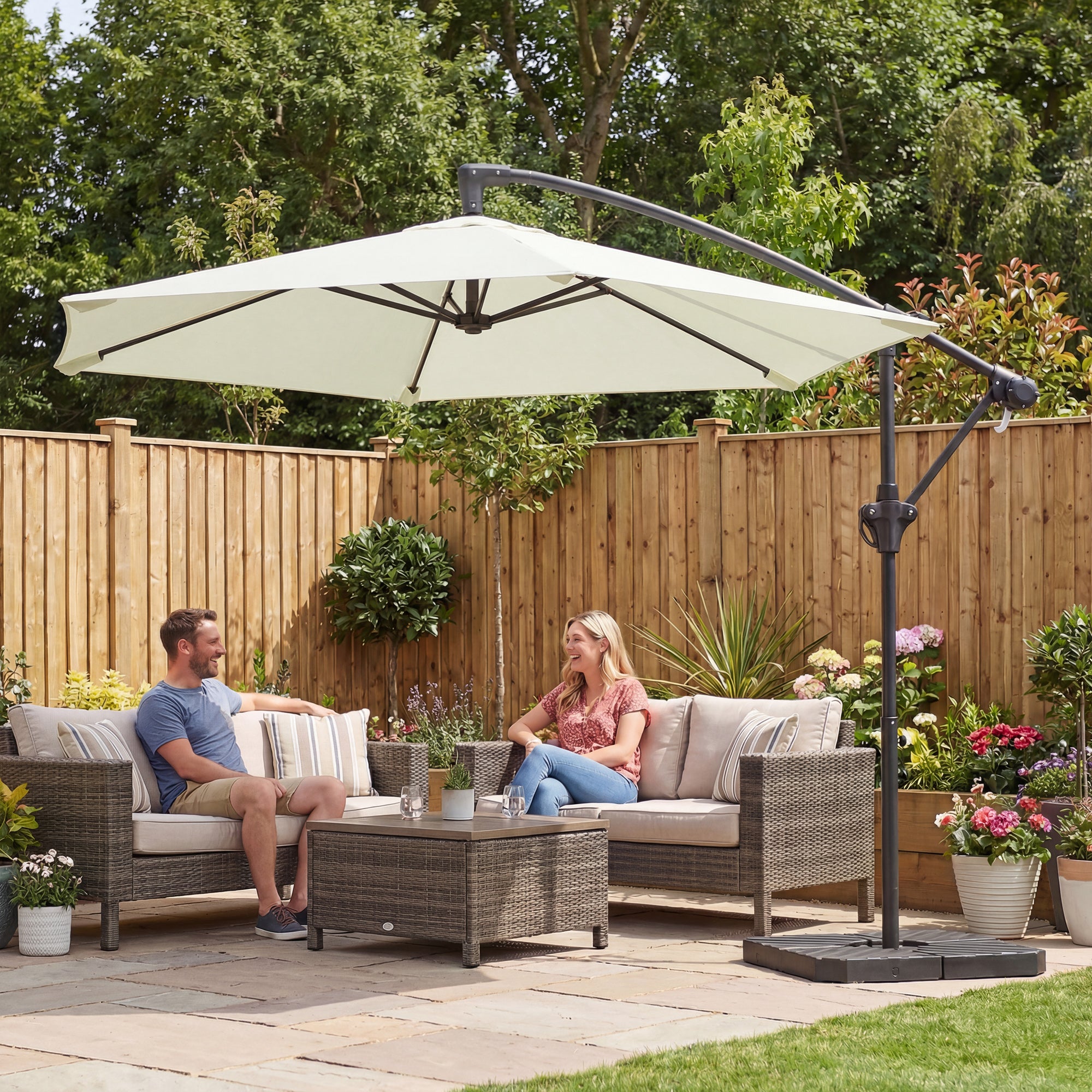 Offset Cantilever Umbrella ~Ø9.7 ft, Crank with Locking Arm, Cross Base & Fillable Weights, UV-Proof Water-Resistant Patio Parasol – Cream White