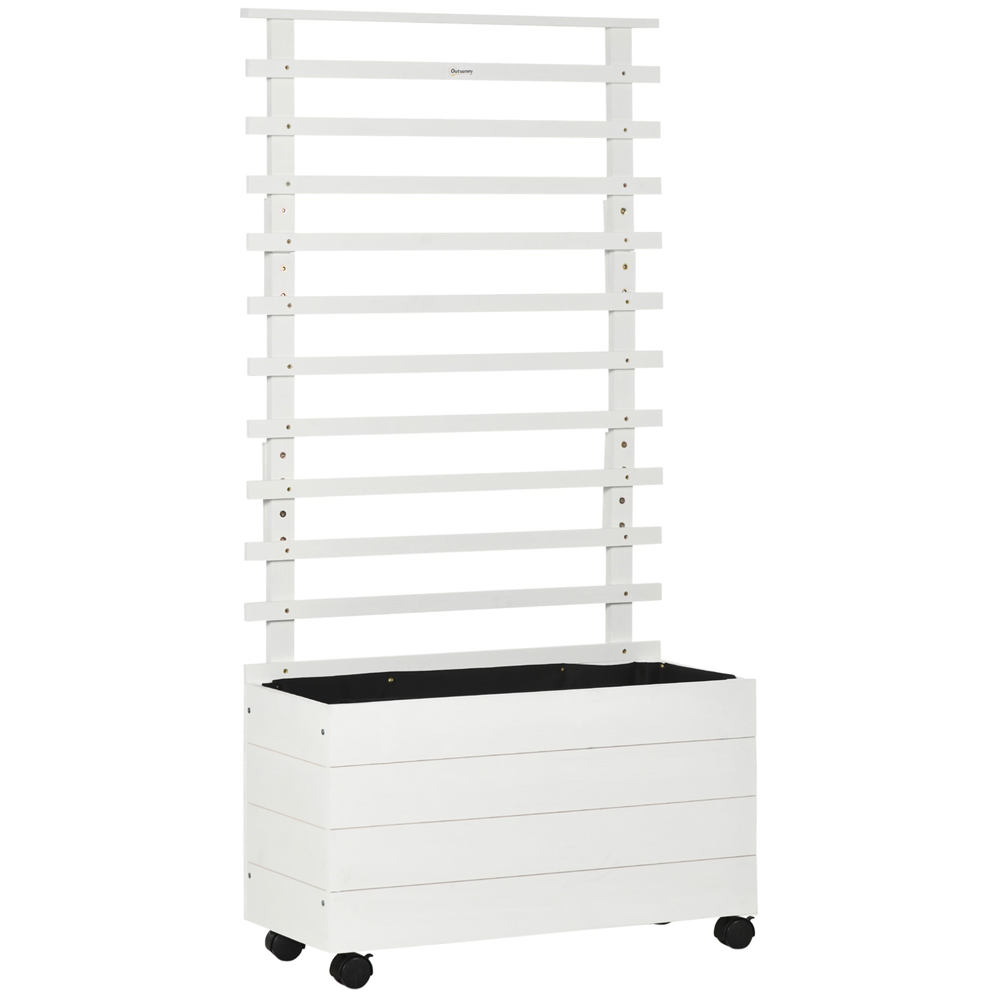 Planter Box with Trellis, Flower Box with Wheels, Raised Bed for Climbing Plants, Garden, Natural Wood, White, 76 x 30 x 155 cm