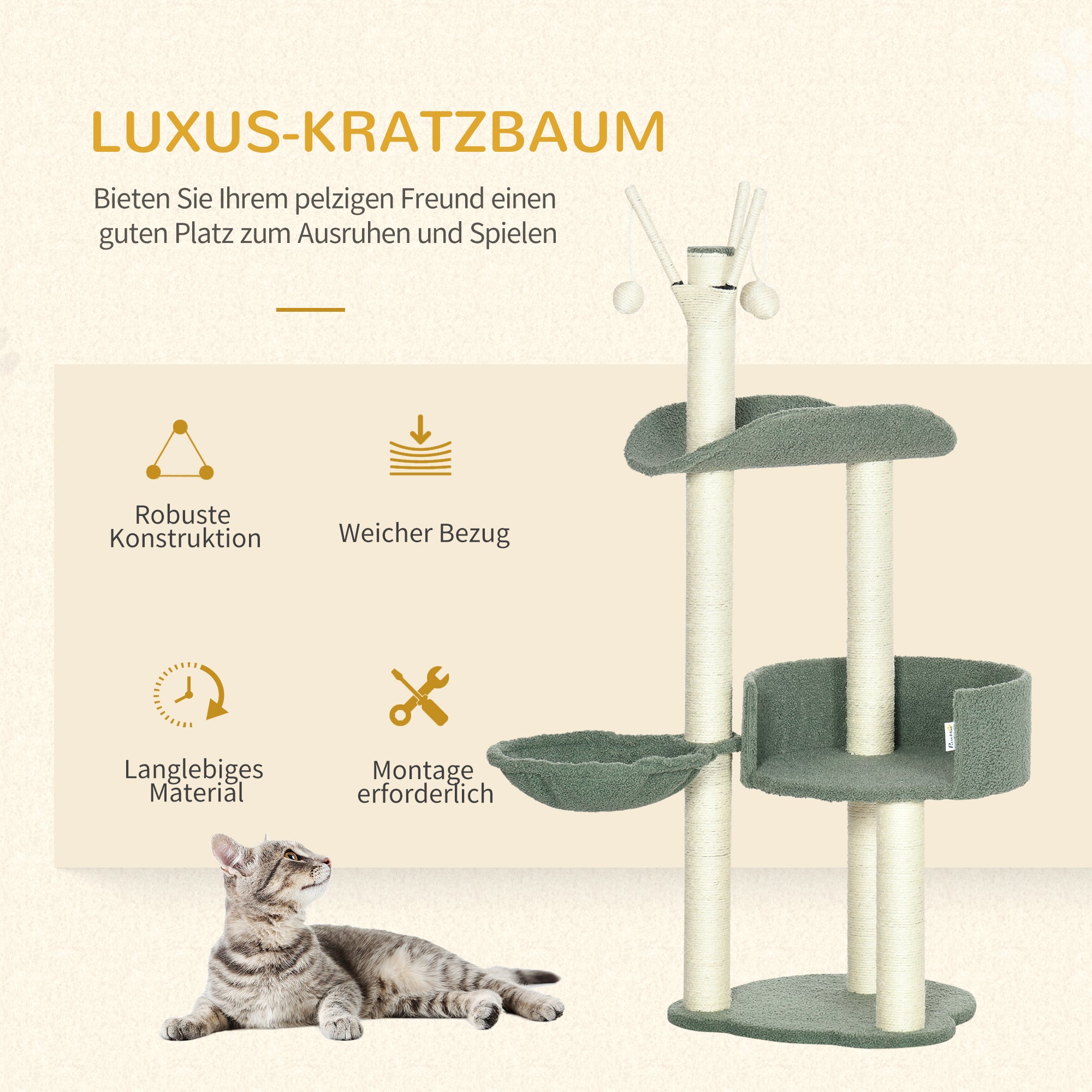Cat Tree 123H cm Climbing Tree Cat Scratching Post with Basket and Playball Sisal Pillar Cat Scratcher Plush Green+Cream White