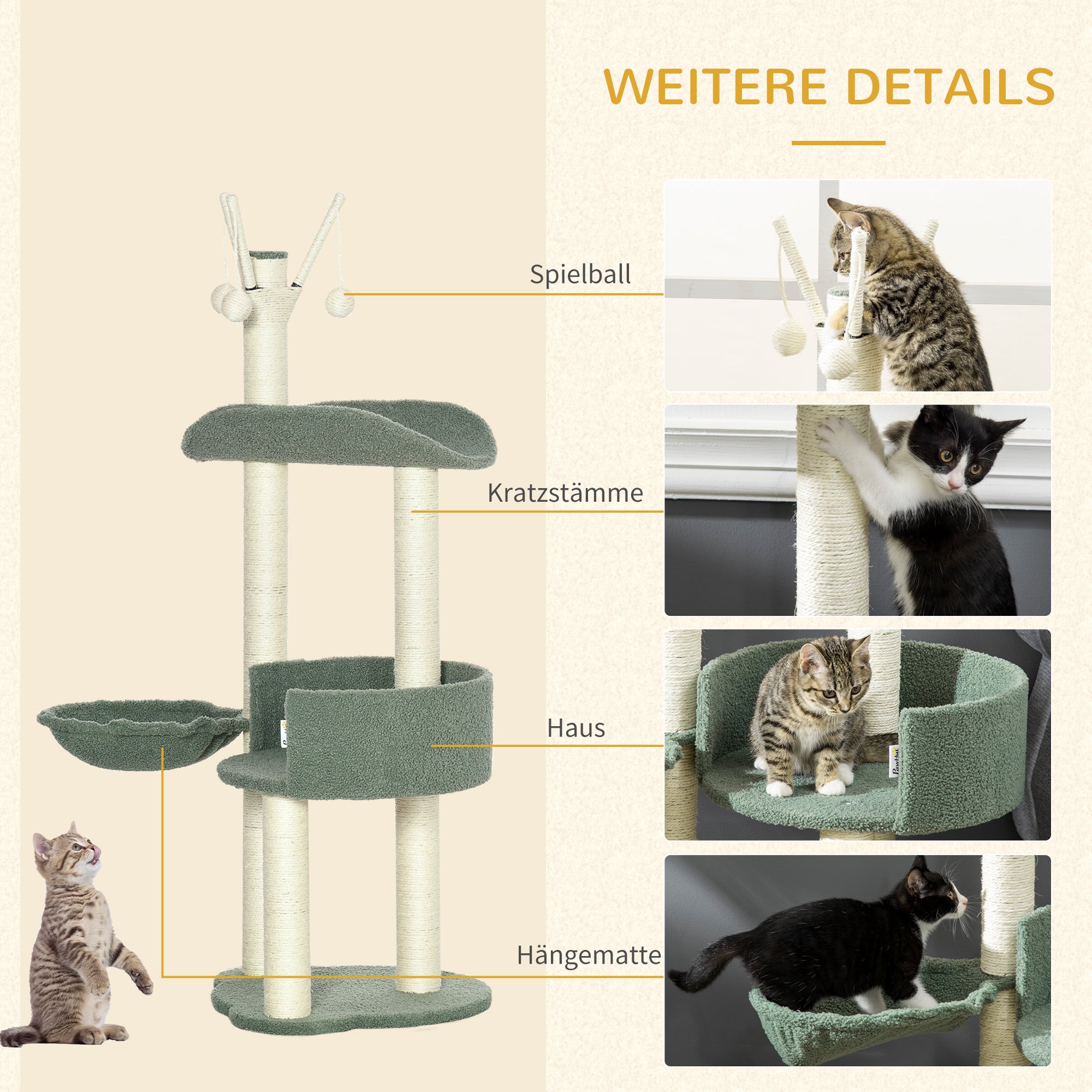 Cat Tree 123H cm Climbing Tree Cat Scratching Post with Basket and Playball Sisal Pillar Cat Scratcher Plush Green+Cream White