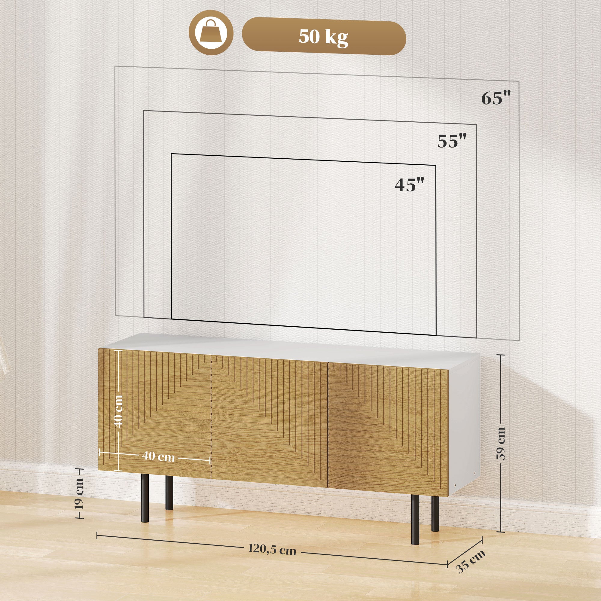 TV Stand Wooden TV Cabinet for TVs up to 65 Inches with Fluted Doors and Cable Management for Living Room Bedroom, Natural Wood Effect