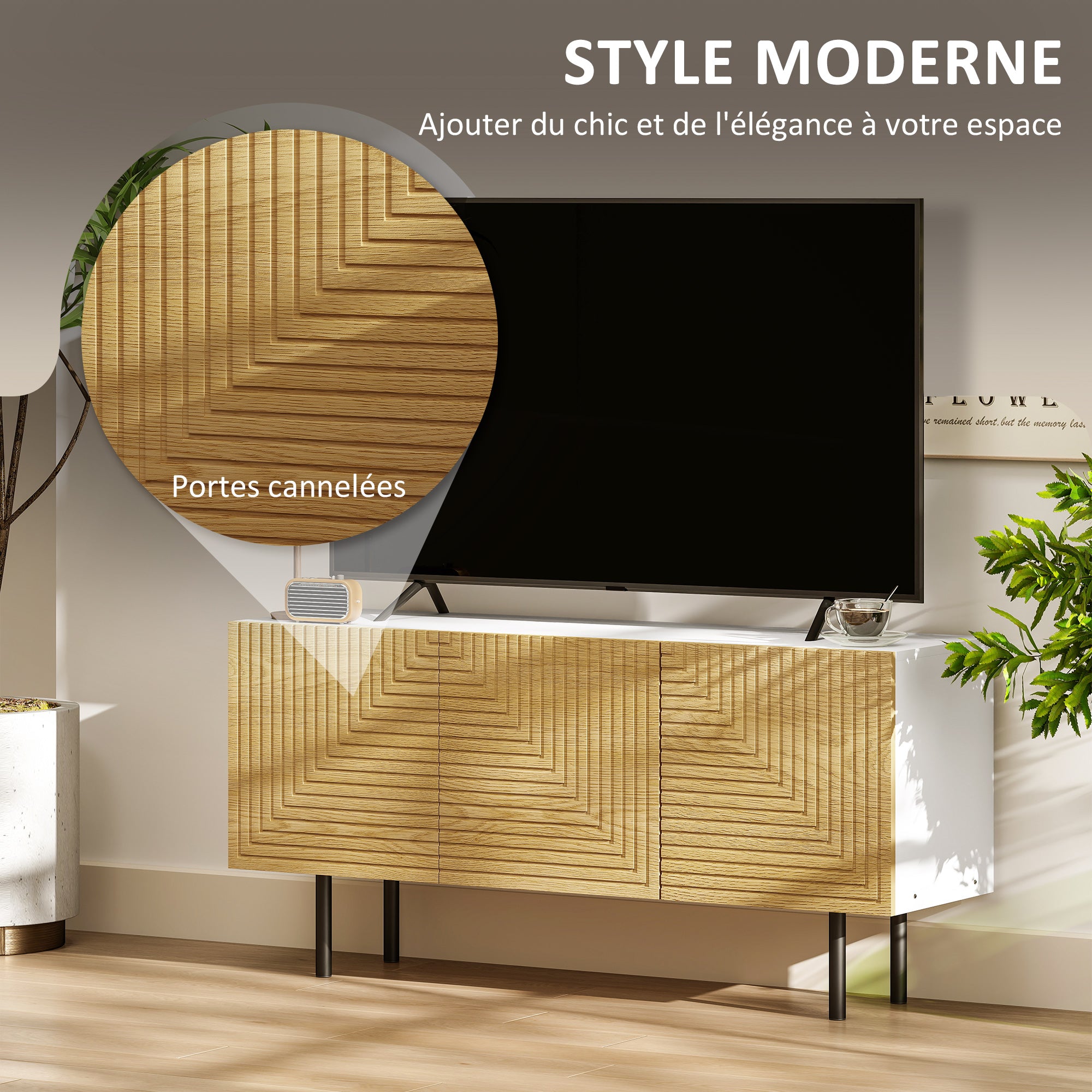 TV Stand Wooden TV Cabinet for TVs up to 65 Inches with Fluted Doors and Cable Management for Living Room Bedroom, Natural Wood Effect