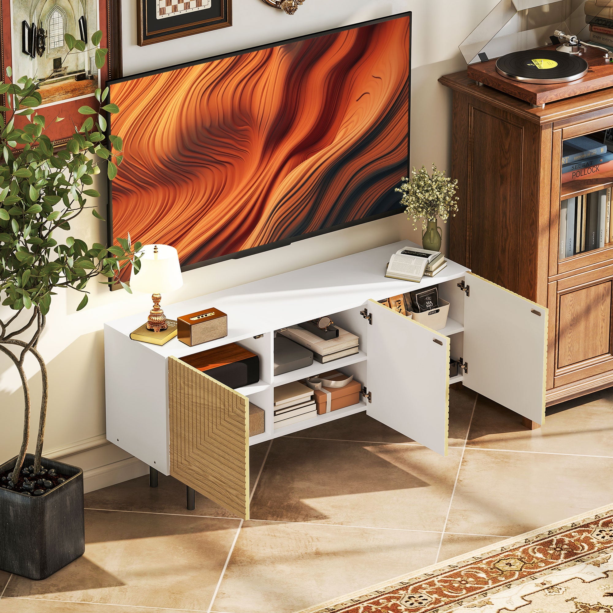 TV Stand Wooden TV Cabinet for TVs up to 65 Inches with Fluted Doors and Cable Management for Living Room Bedroom, Natural Wood Effect