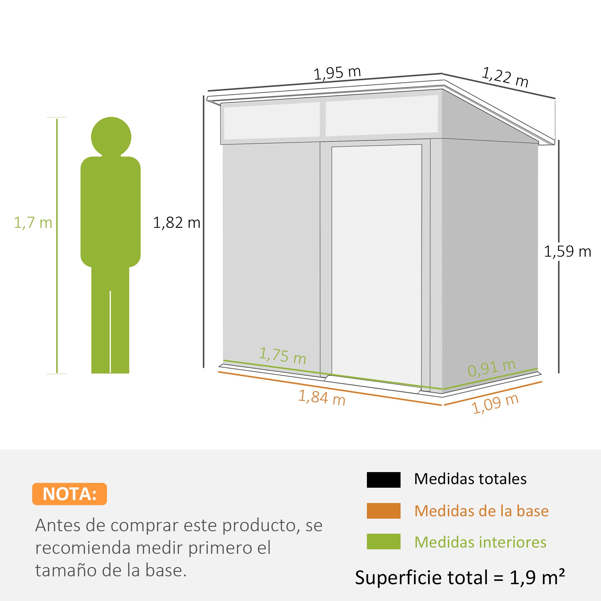 Garden Outdoor Shed 1.9m² 195x122x182 cm Outdoor Garden Shed with Reinforced Base (Floor NOT Included) Sliding Door Windows Shed for Terrace Patio Brown
