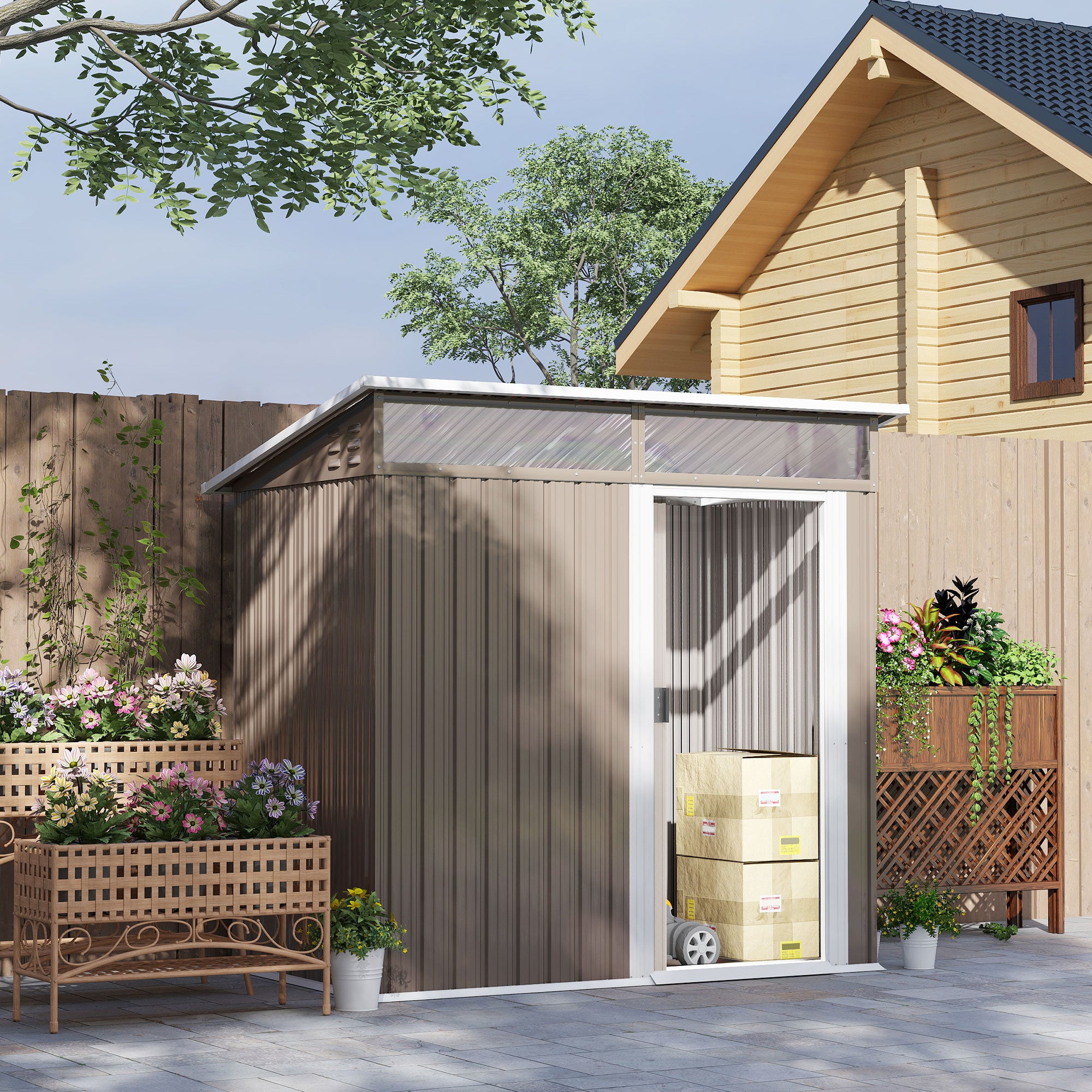 Garden Outdoor Shed 1.9m² 195x122x182 cm Outdoor Garden Shed with Reinforced Base (Floor NOT Included) Sliding Door Windows Shed for Terrace Patio Brown