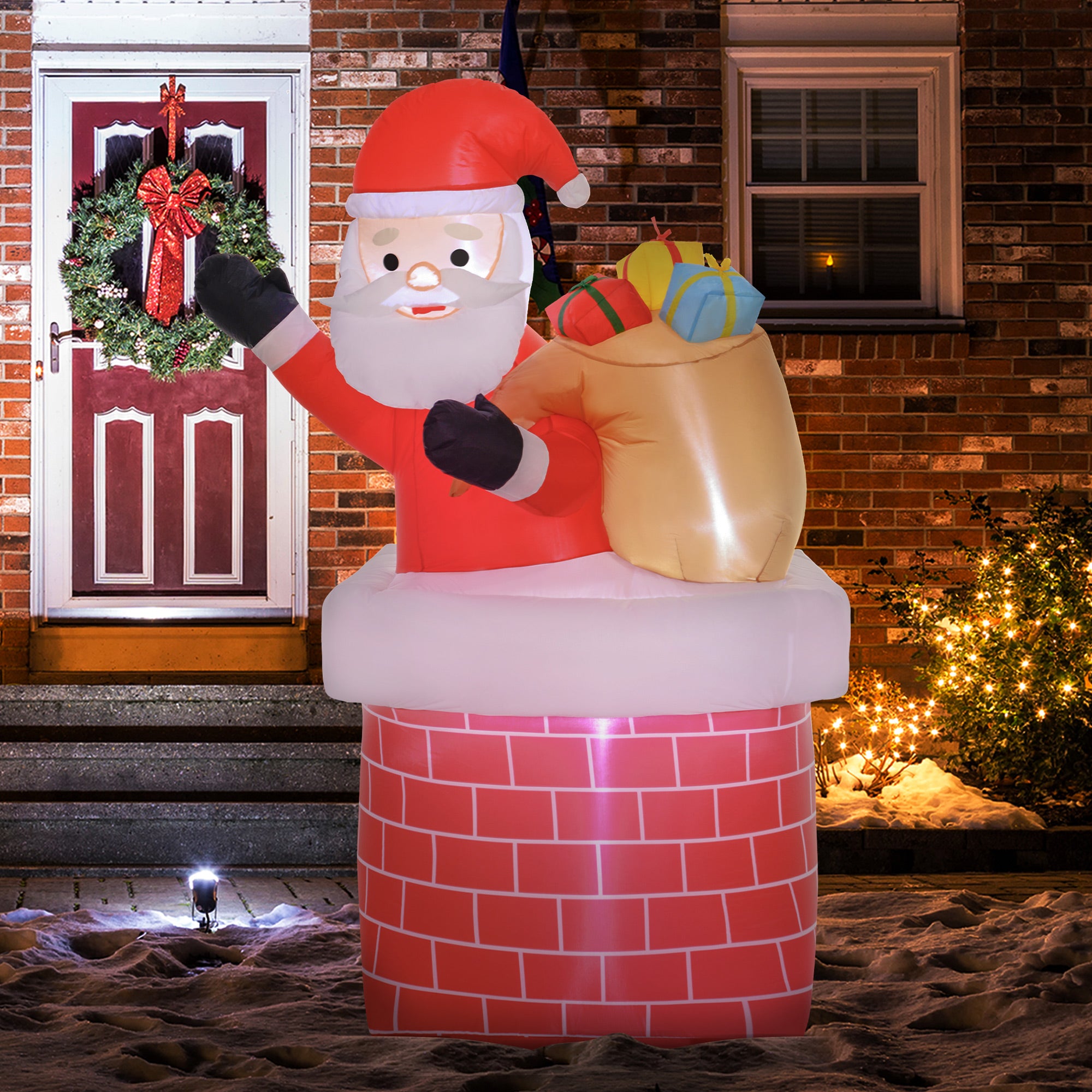 Inflatable Santa Claus with Gift Bag Coming out of a Chimney Christmas Inflatable Decoration with LED Lights for Outdoor Red