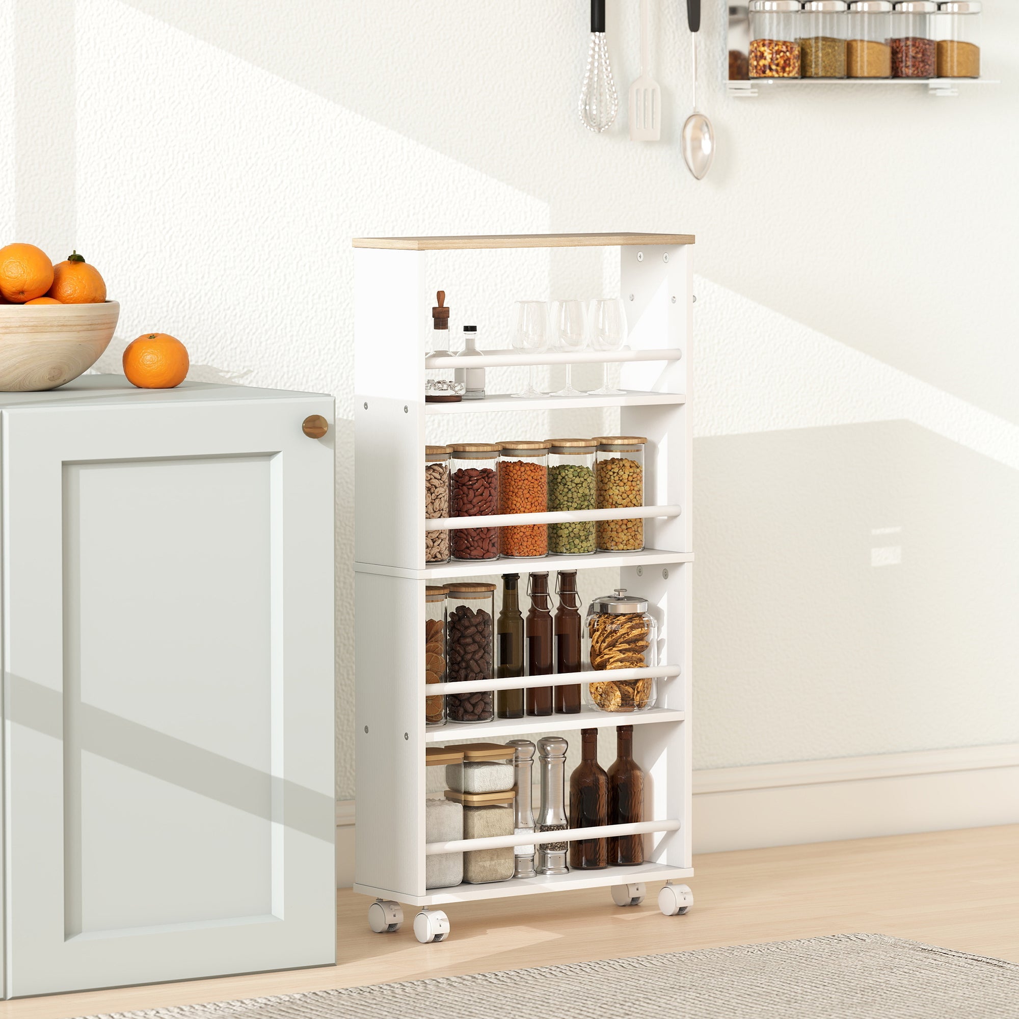 4-Tier Narrow Rolling Kitchen Cart with Handle & Brakes, Versatile Utility Trolley for Kitchen, Office, Bathroom — Natural